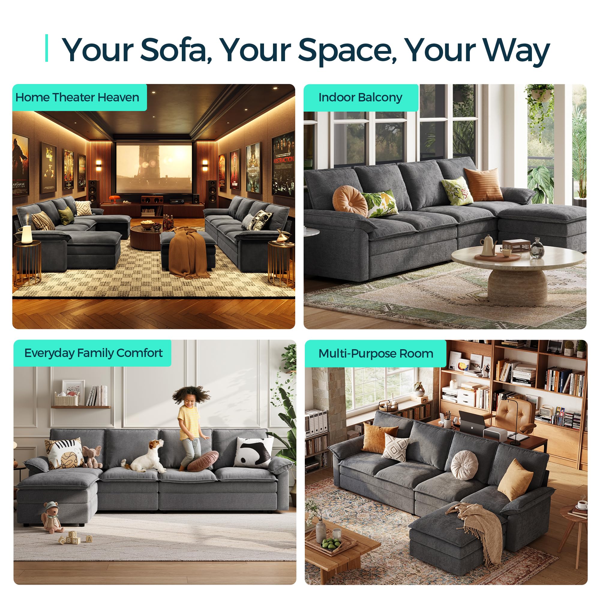 U-Shaped Cloud Couch Sectional Sofa 115" with Double Chaise Lounge