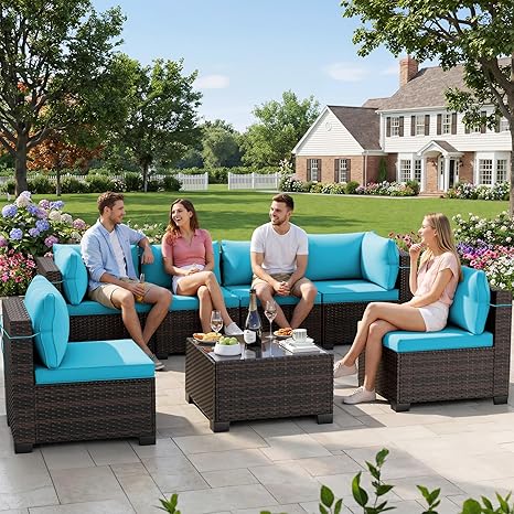 7-Piece Rattan Patio Furniture Set with Coffee Table