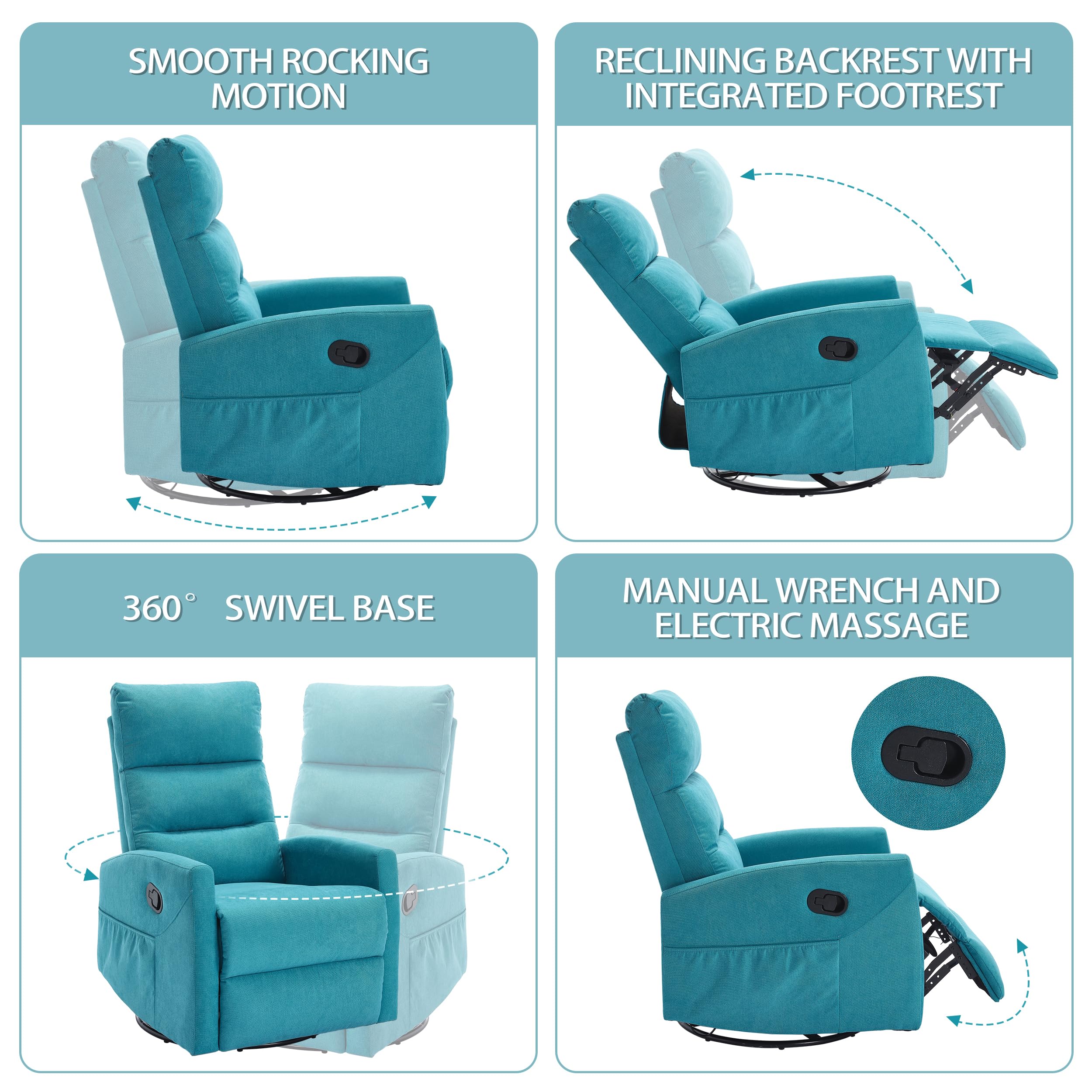 PELUMY Manual Recliner Chair, 360° Swivel Glider and Rocker Recliner with 155° Recline, Compact Fabric Recliner for Small Space, Nursery, Living Room, Bedroom, No Tools Assembly (Blue)