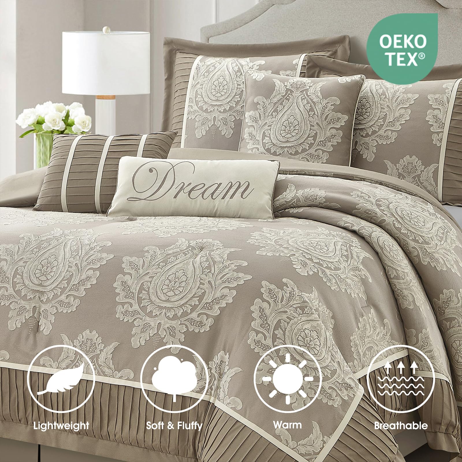 King Size Jacquard Damask Comforter Set 7 Pieces