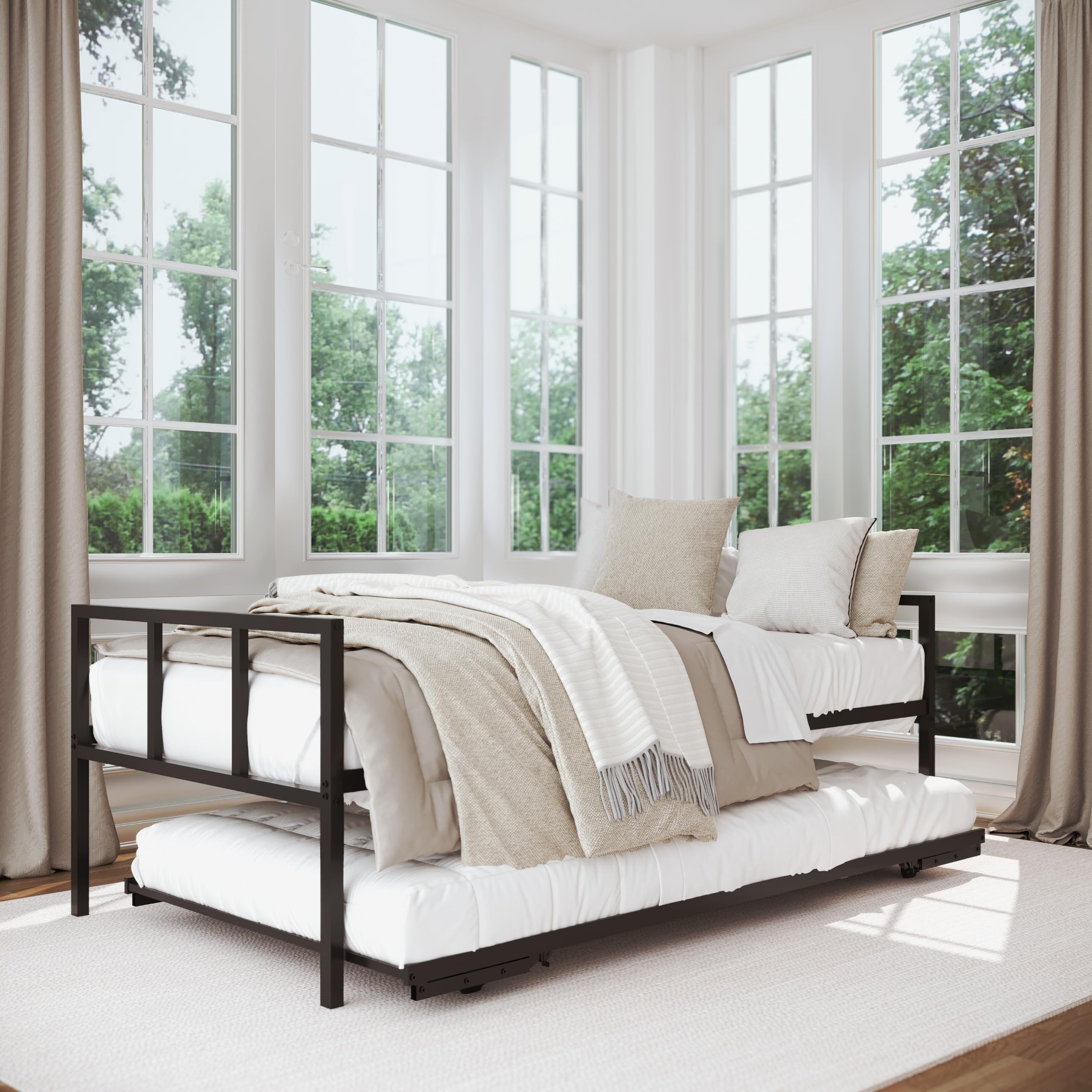 Twin Daybed with Pop-Up Trundle Set - Black Metal Frame