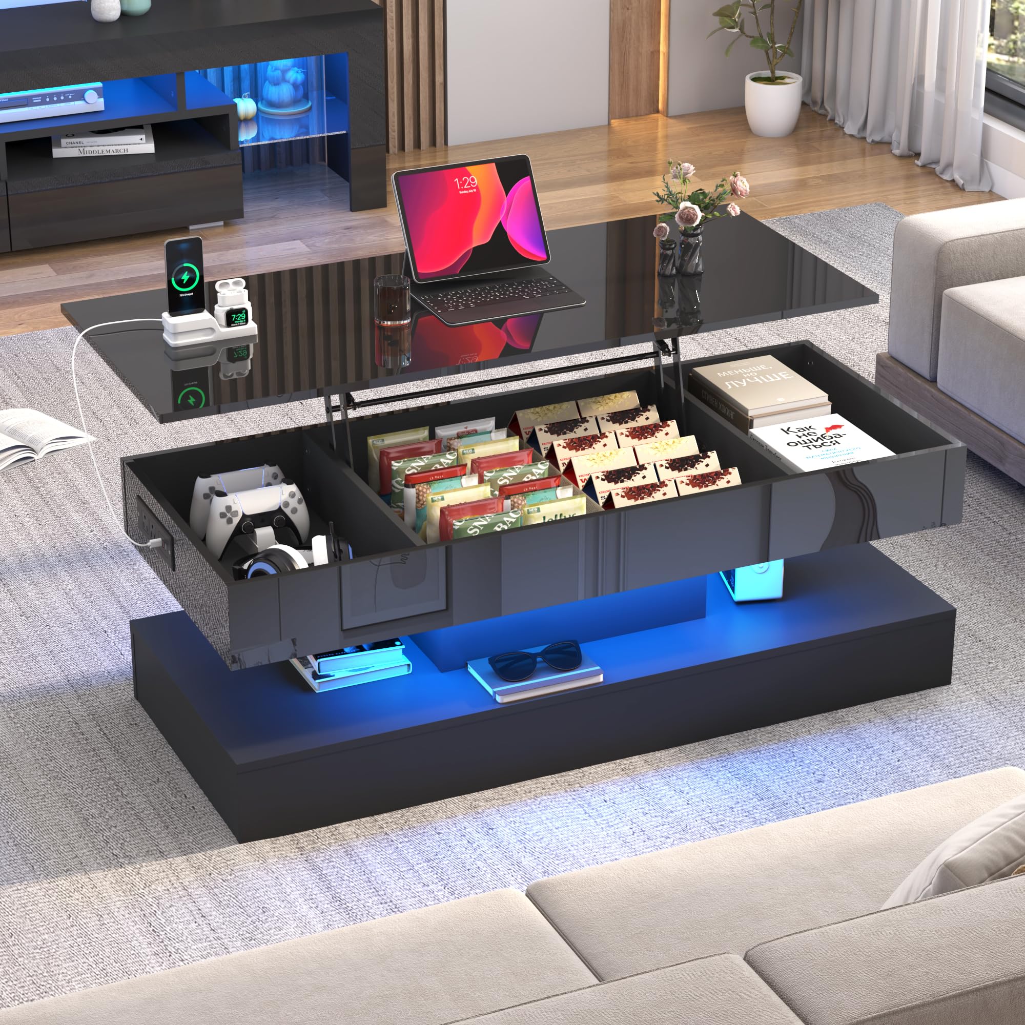 Lift Top Coffee Table with LED Lights and Storage