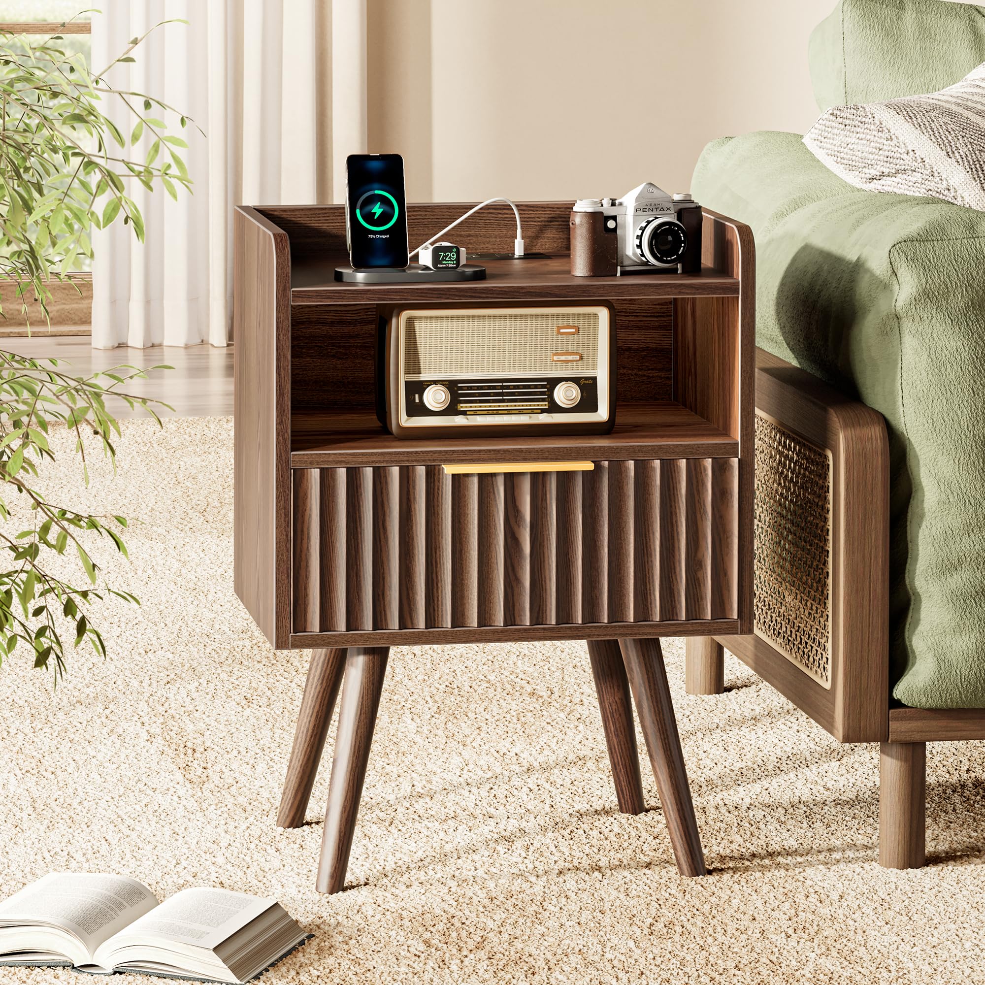 Fluted Nightstand with Charging Station and Drawer