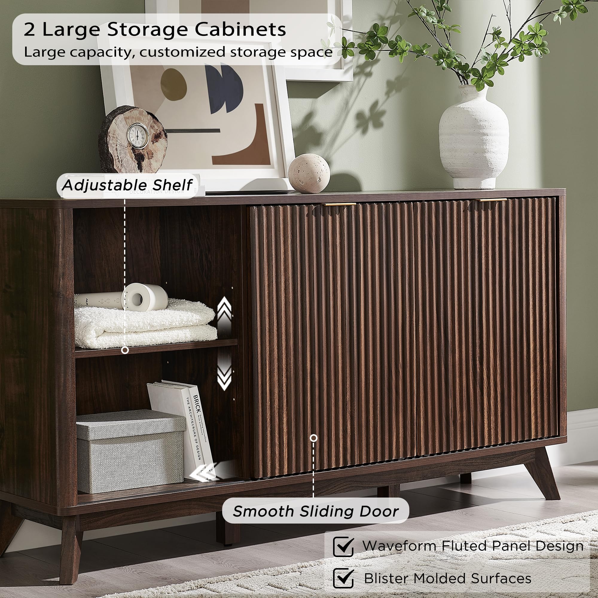 60" Fluted Dresser with Sliding Doors and 4 Drawers