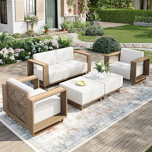 MIXPATIO Outdoor Patio Furniture Set, 6 Piece Outdoor Rattan Wicker Sofa Couch Set, Sectional Outdoor Conversation Sets with 10" Extra Thick Cushions for Deck Backyard Lawn