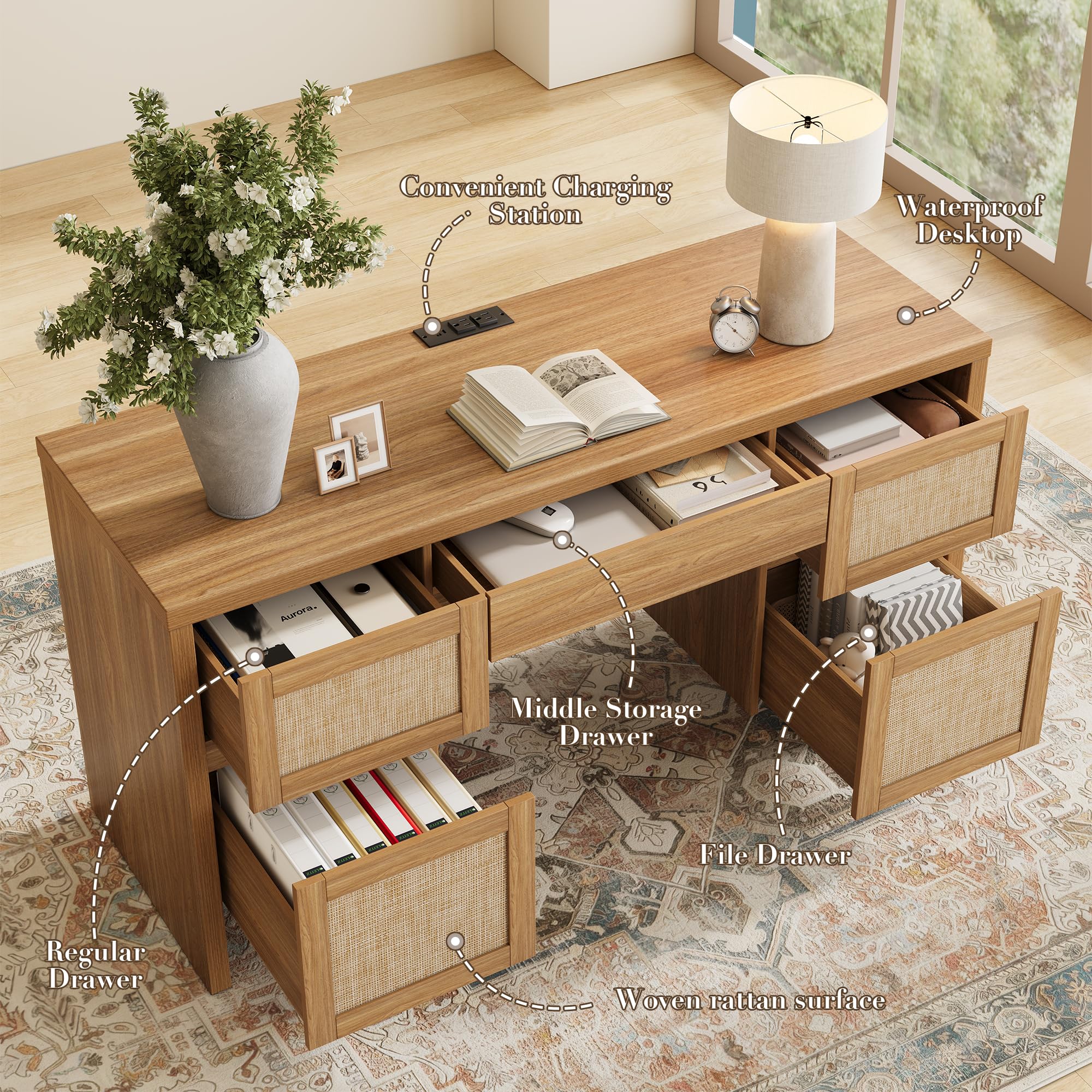 Executive Desk with 5 Drawers and Charging Station
