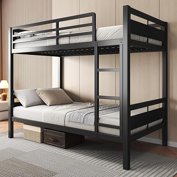 Metal Bunk Bed Twin Over Twin with Ladder and Guardrail