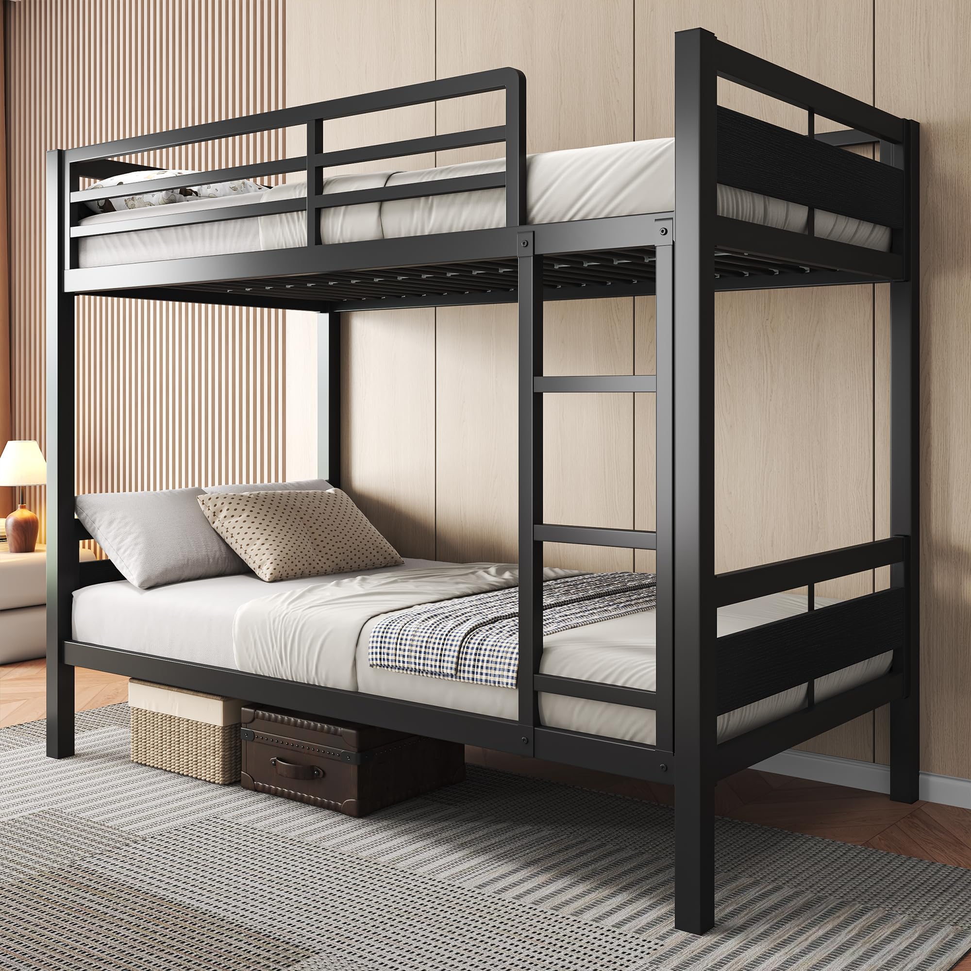 Metal Twin Over Twin Bunk Bed with Ladder and Guardrail