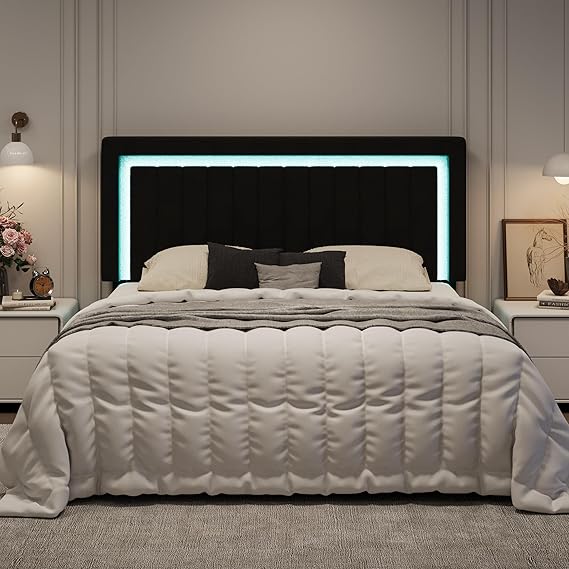 Full Size Pink Velvet LED Bed Frame with Adjustable Headboard