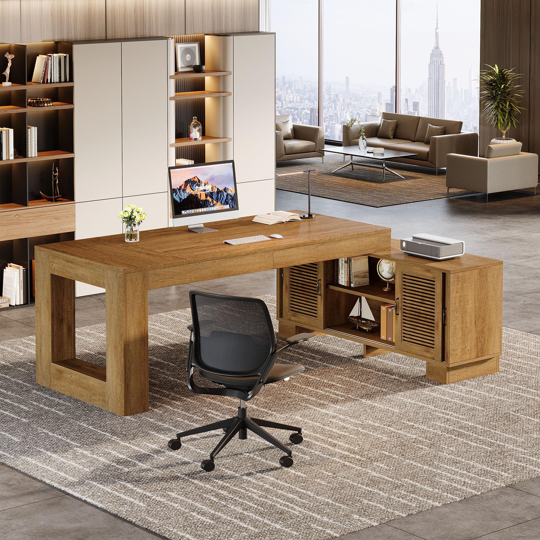 L-Shaped Executive Desk with Storage Cabinets and Shelf
