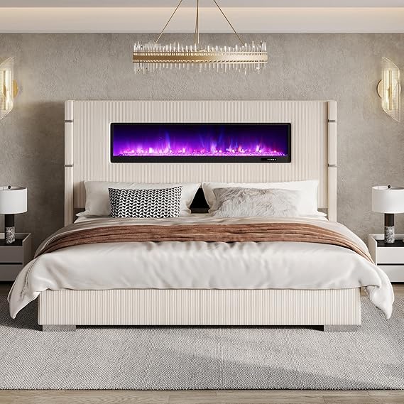 Queen Upholstered Platform Bed Frame with Fireplace and Tall Wingback Headboard