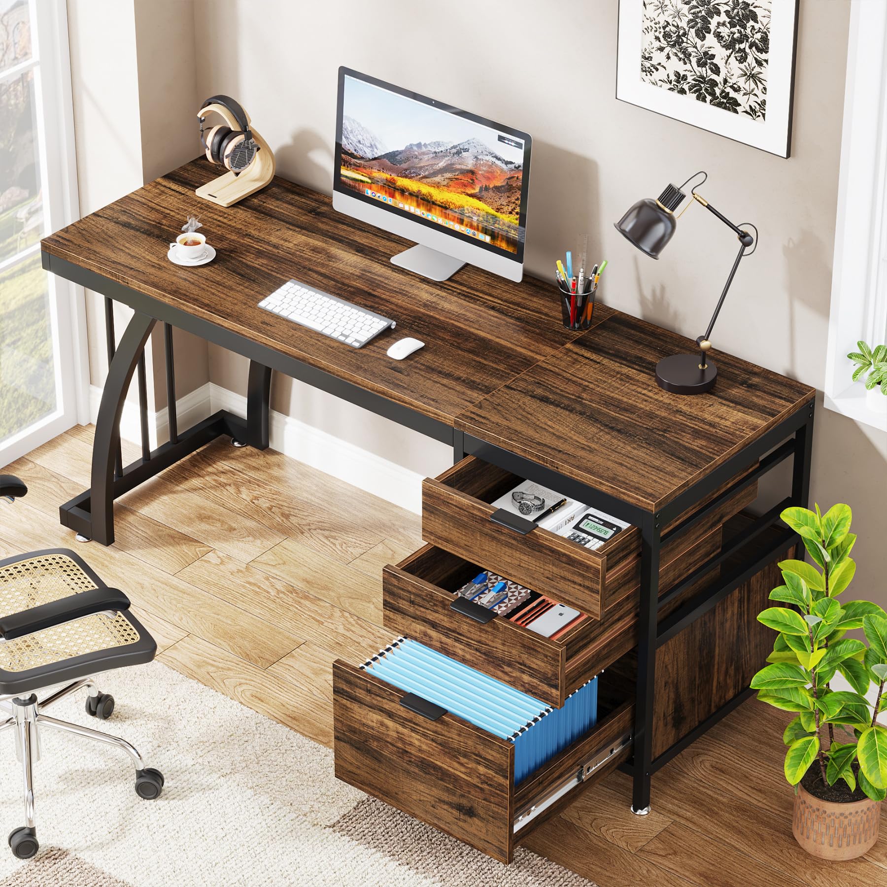 Computer Desk with 3 Drawers 59-Inch Industrial Writing Table