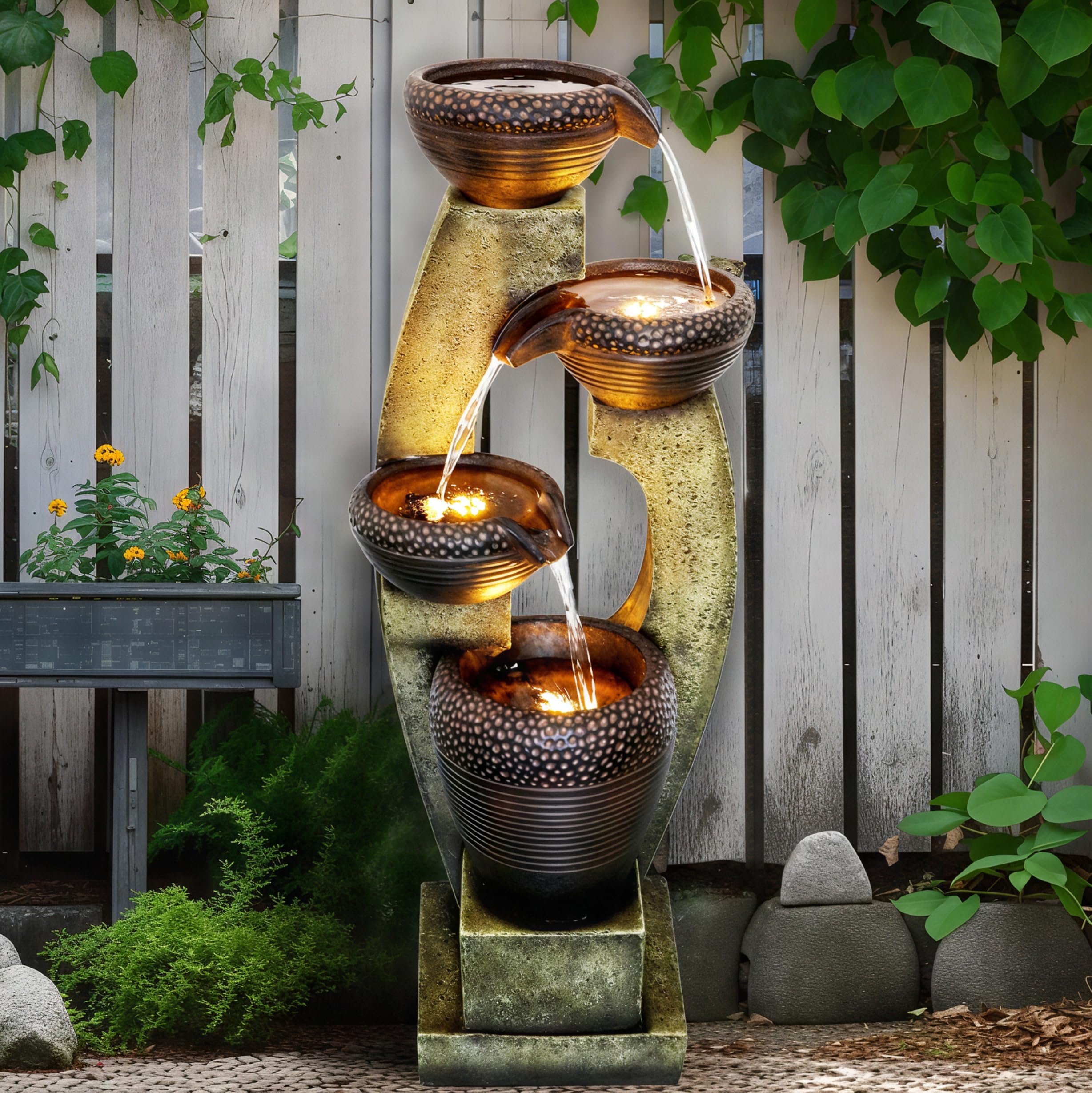 40-Inch Modern Outdoor Fountain with LED Light