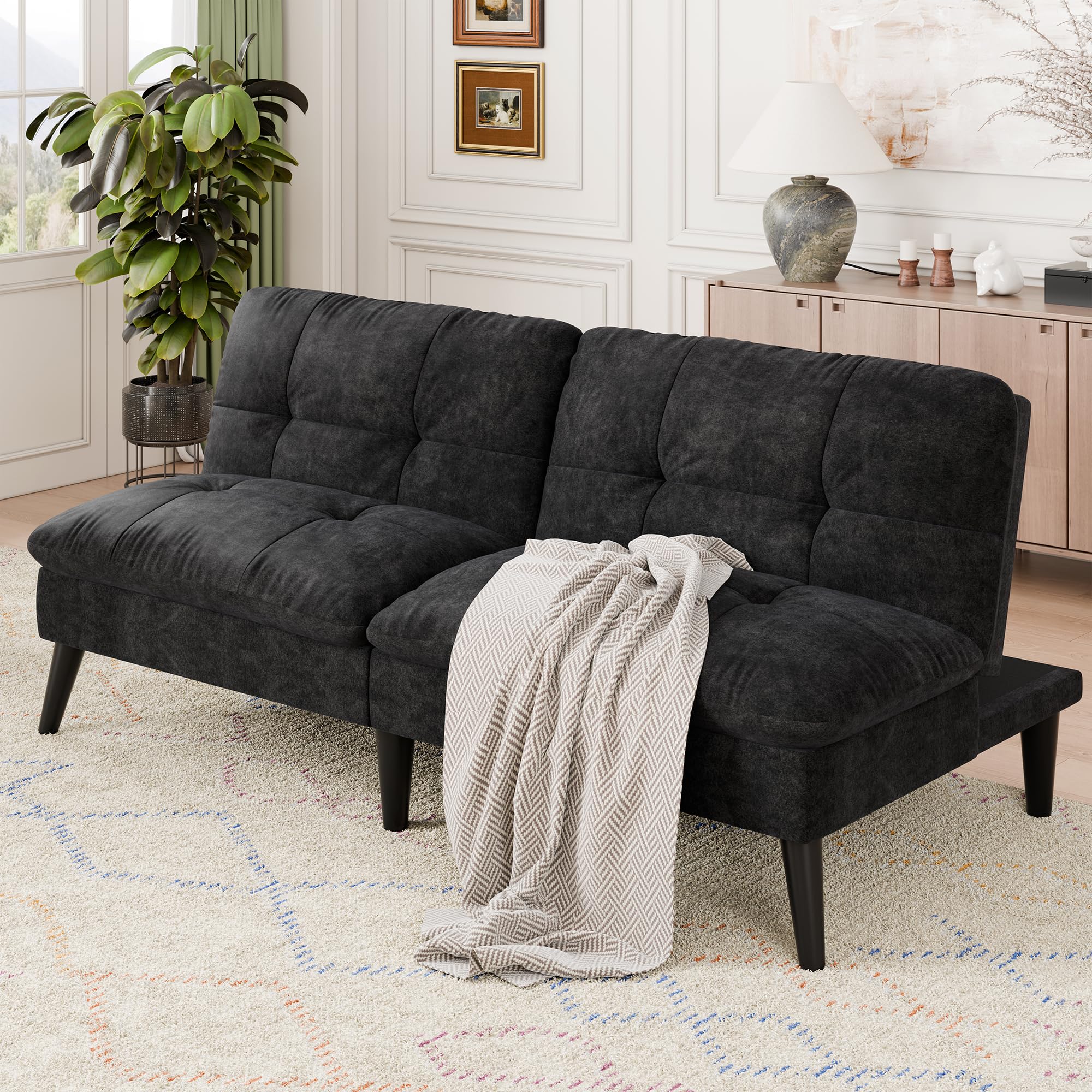 Velvet Futon Sofa Bed with Adjustable Backrest