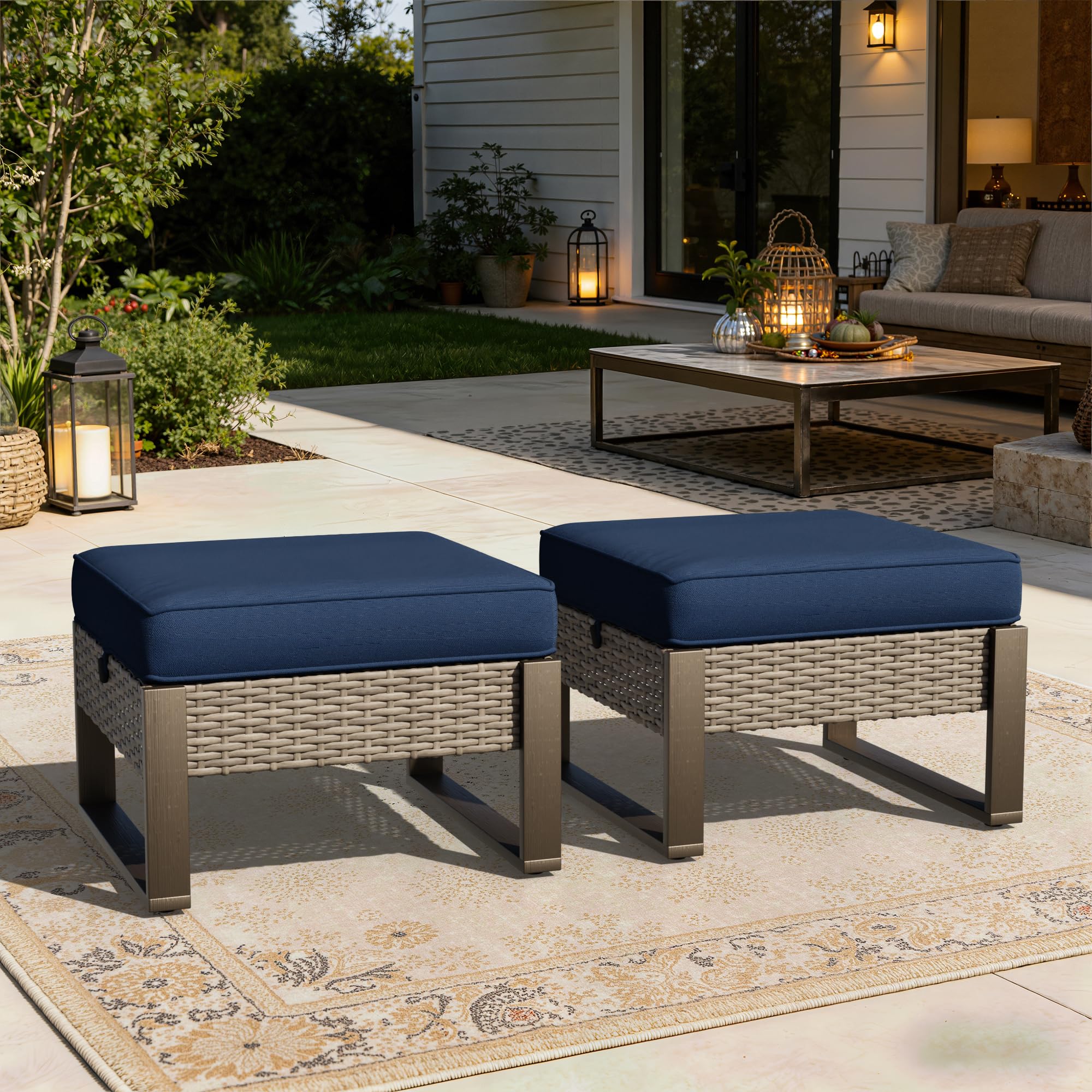 Outdoor Patio PE Rattan Ottomans with Removable Cushions