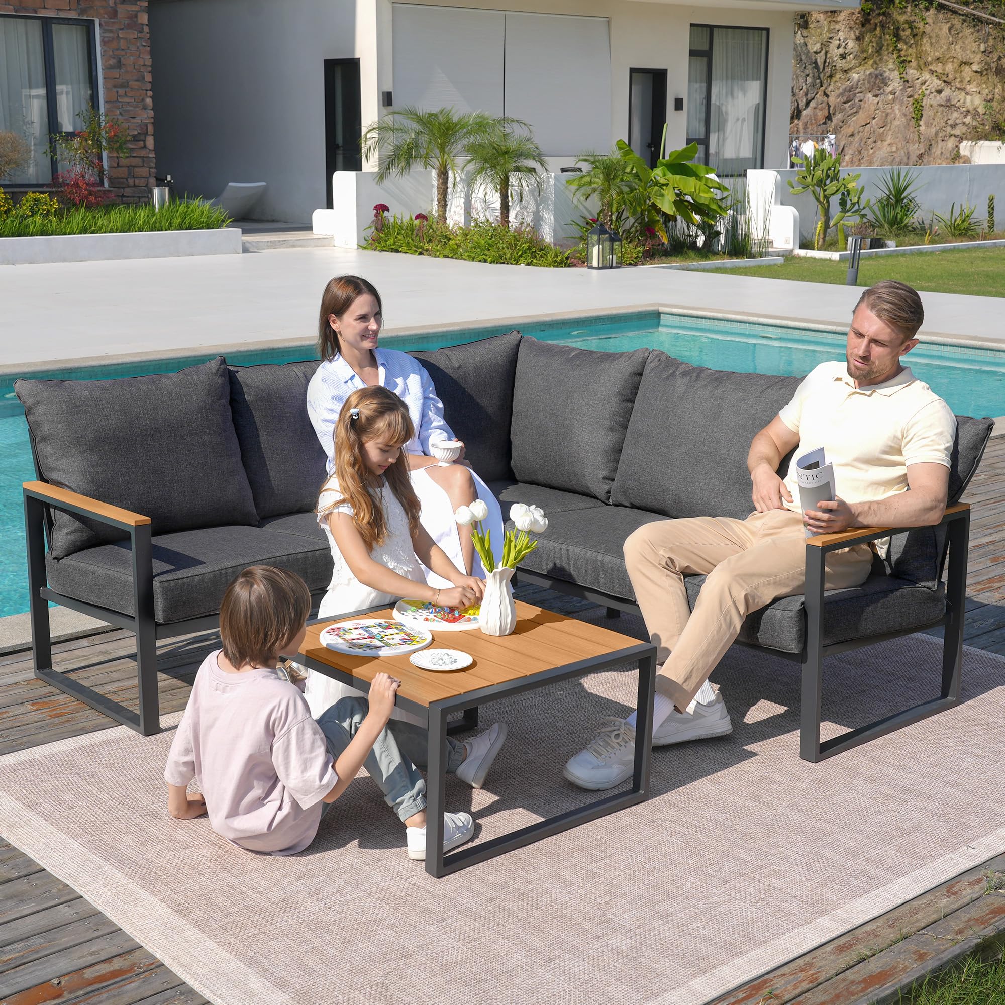 6-Piece Metal Outdoor Sectional Sofa Set with Side Table