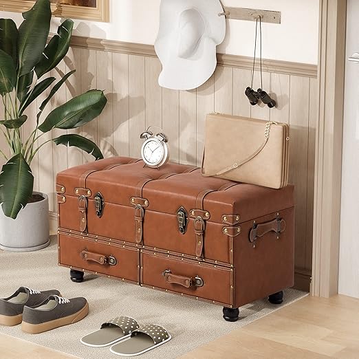 Vintage Storage Ottoman Bench with Buckle Closure
