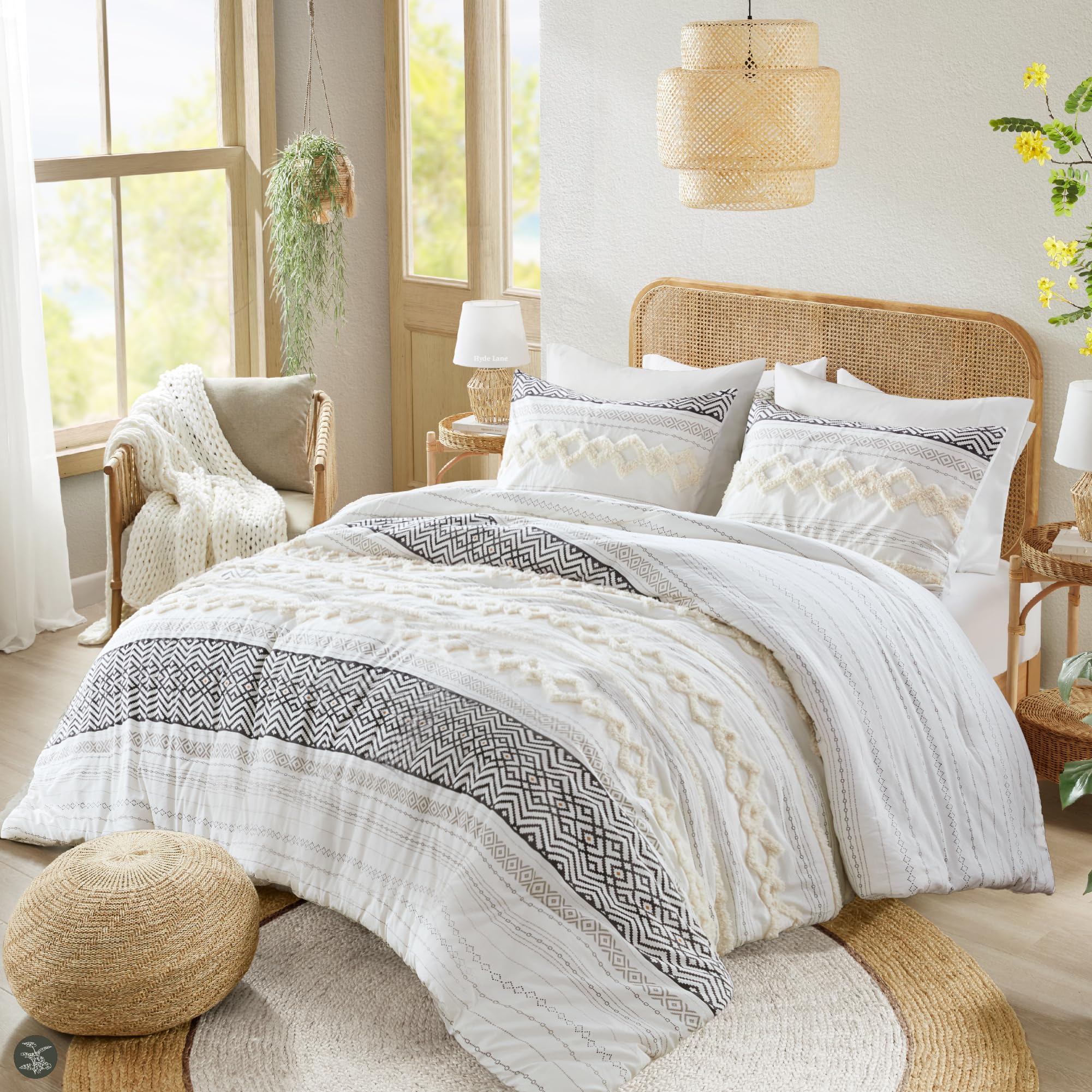 Farmhouse Comforter Set Full/Queen Ivory Striped Cotton 3-Piece