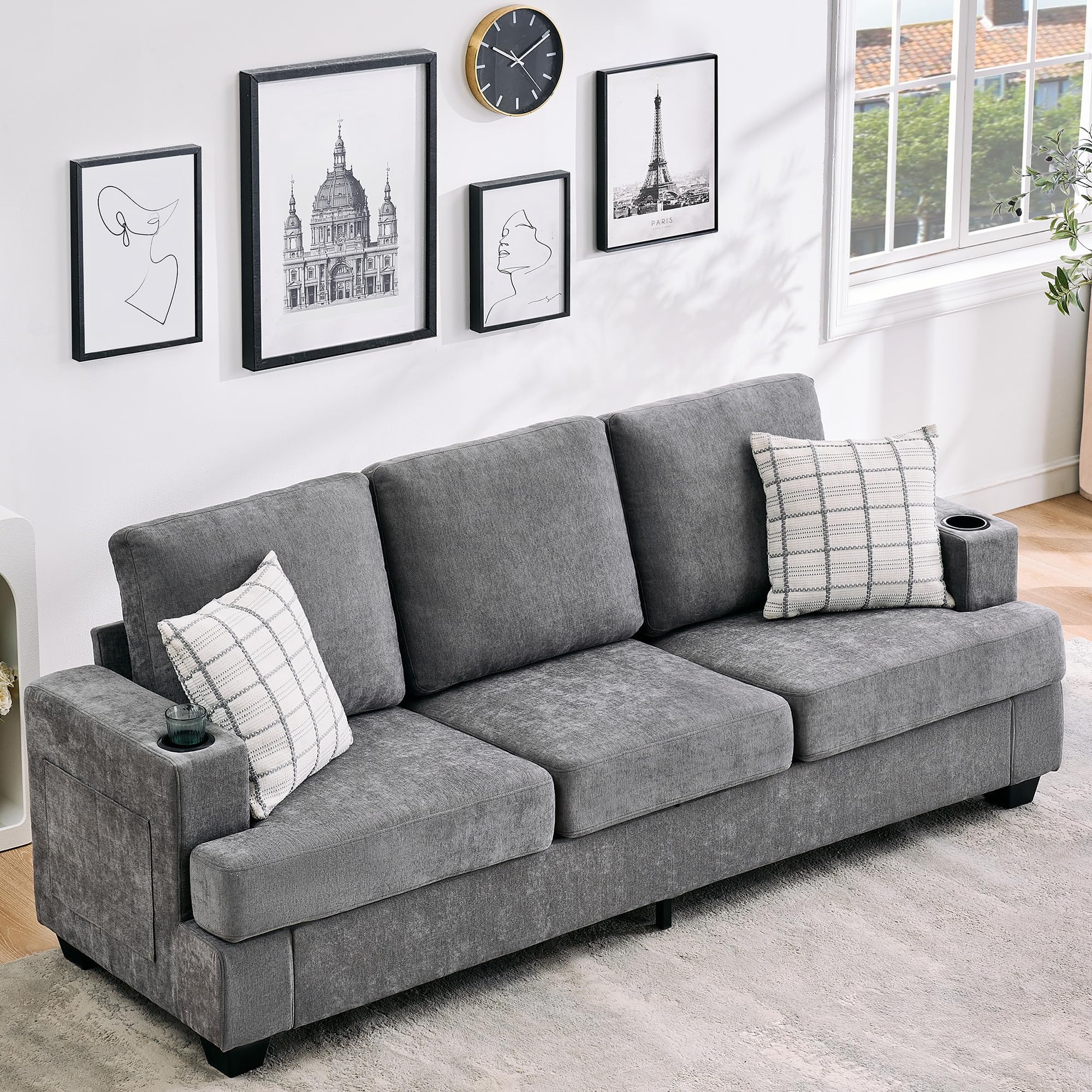 Modern 89" 3-Seater Chenille Sofa with Cup Holders