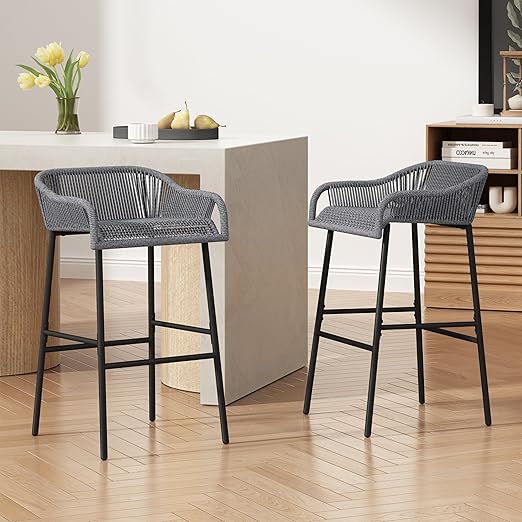 Outdoor Rope Weave Iron Barstools Set of 2
