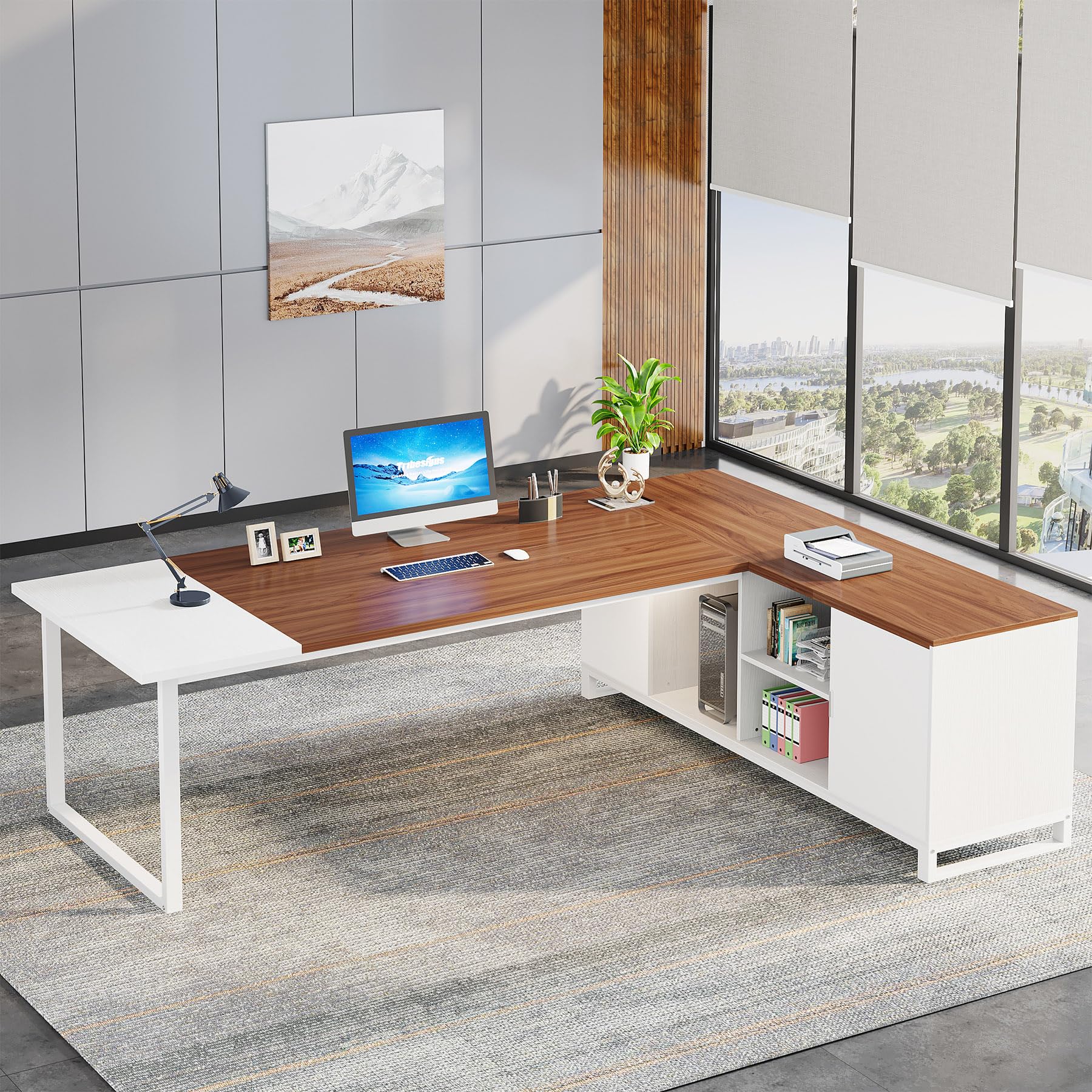 70.8" L-Shaped Executive Desk with File Cabinet