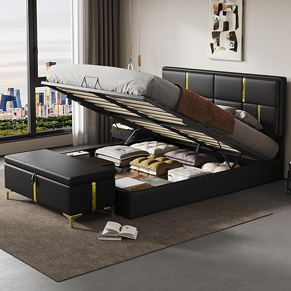 Queen Platform Bed with Hydraulic Storage and Ottoman