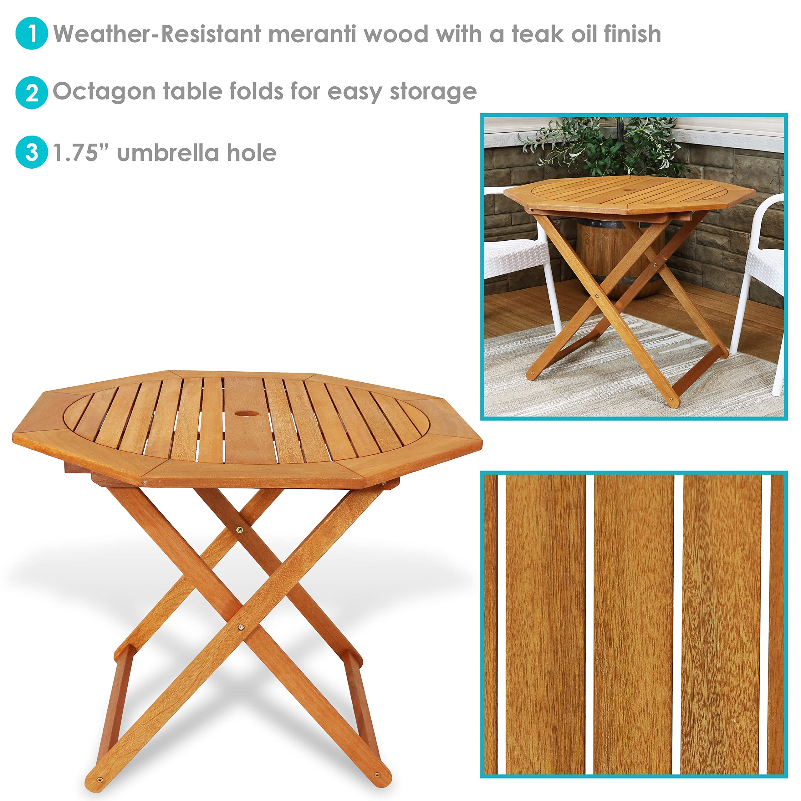 Folding Meranti Wood Outdoor Dining Table with Umbrella Hole