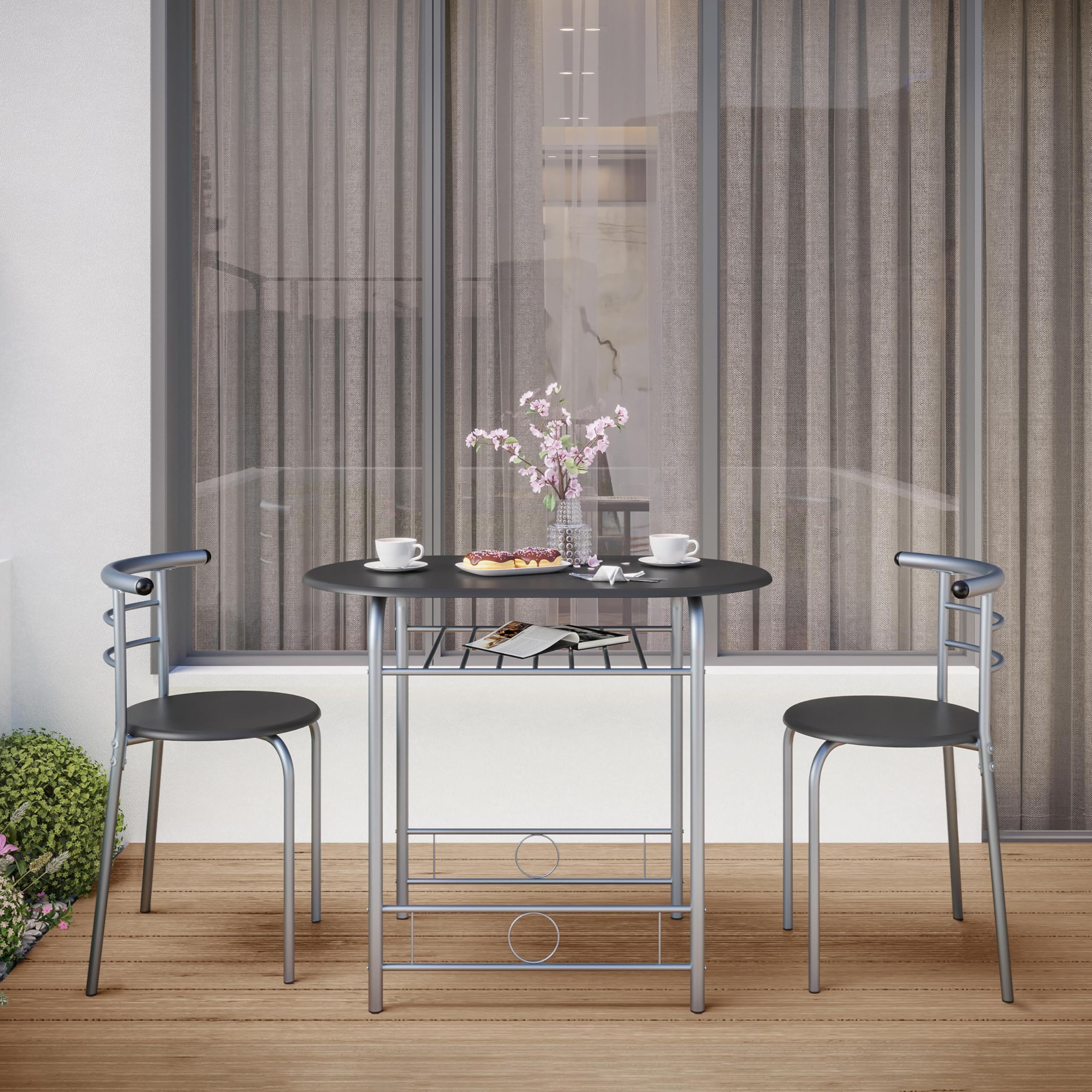 3 Piece Kitchen Dining Table Set with Storage Shelf