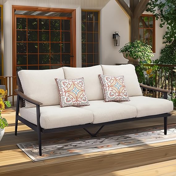 Patio Loveseat Sofa with Wicker Backrest and Cushion