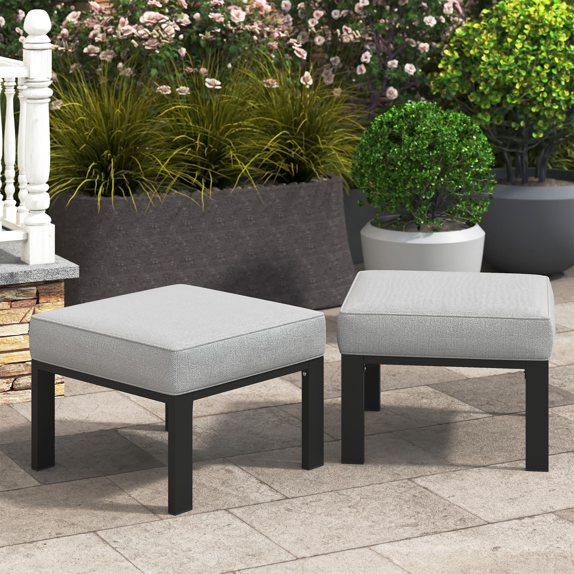 Metal Outdoor Ottoman Set of 2 with Cushions