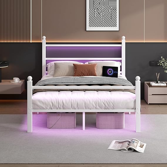Full Size Metal Bed Frame with LED and USB Charging