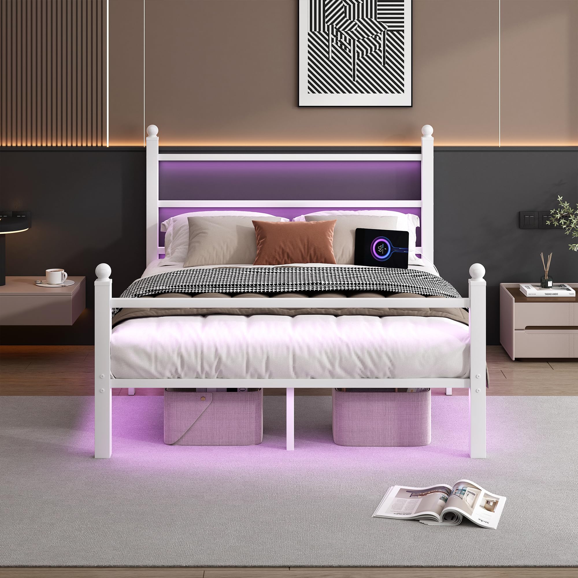 Full Size Metal Bed Frame with LED and USB Charging