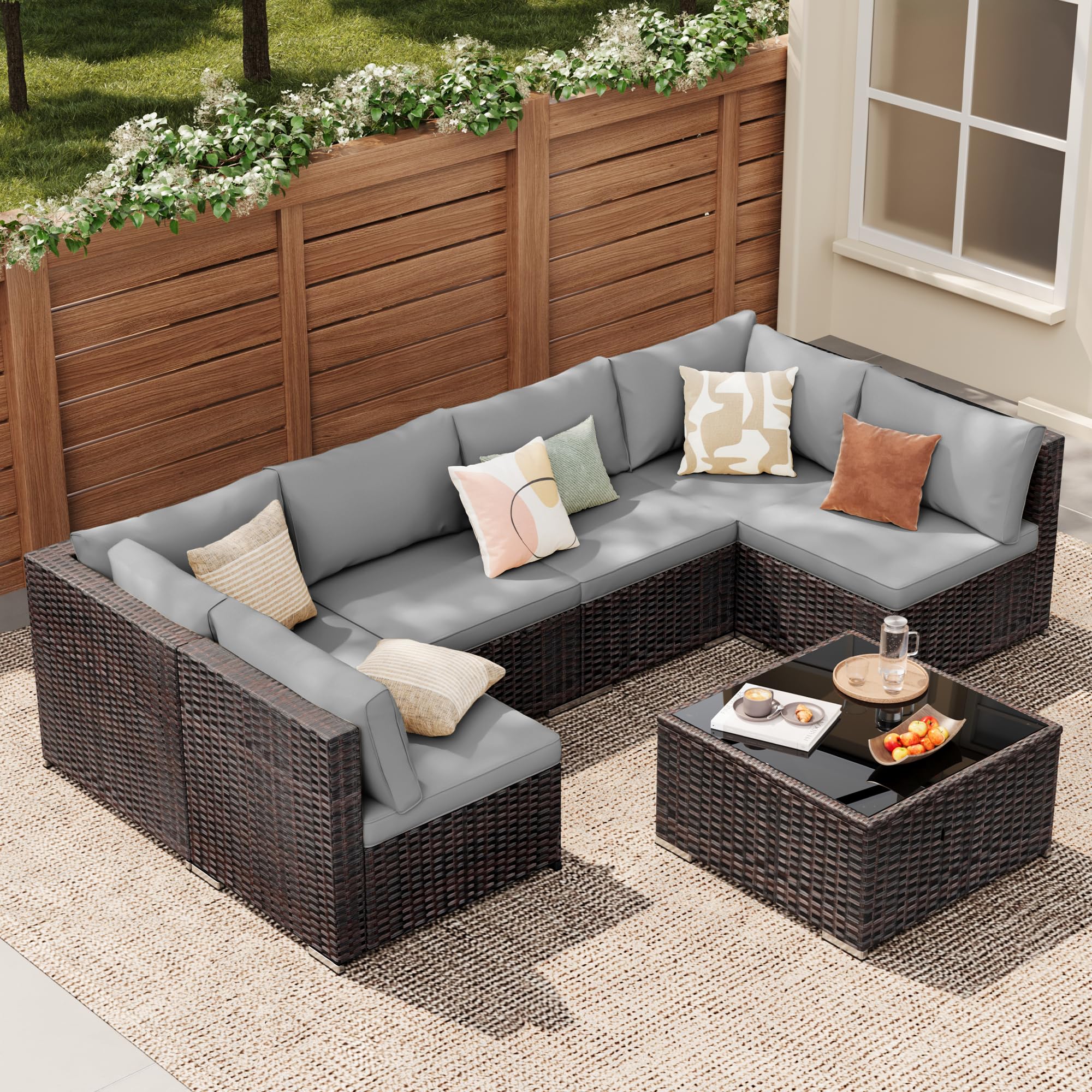 7-Piece Outdoor Sectional Rattan Sofa Set with Glass Coffee Table
