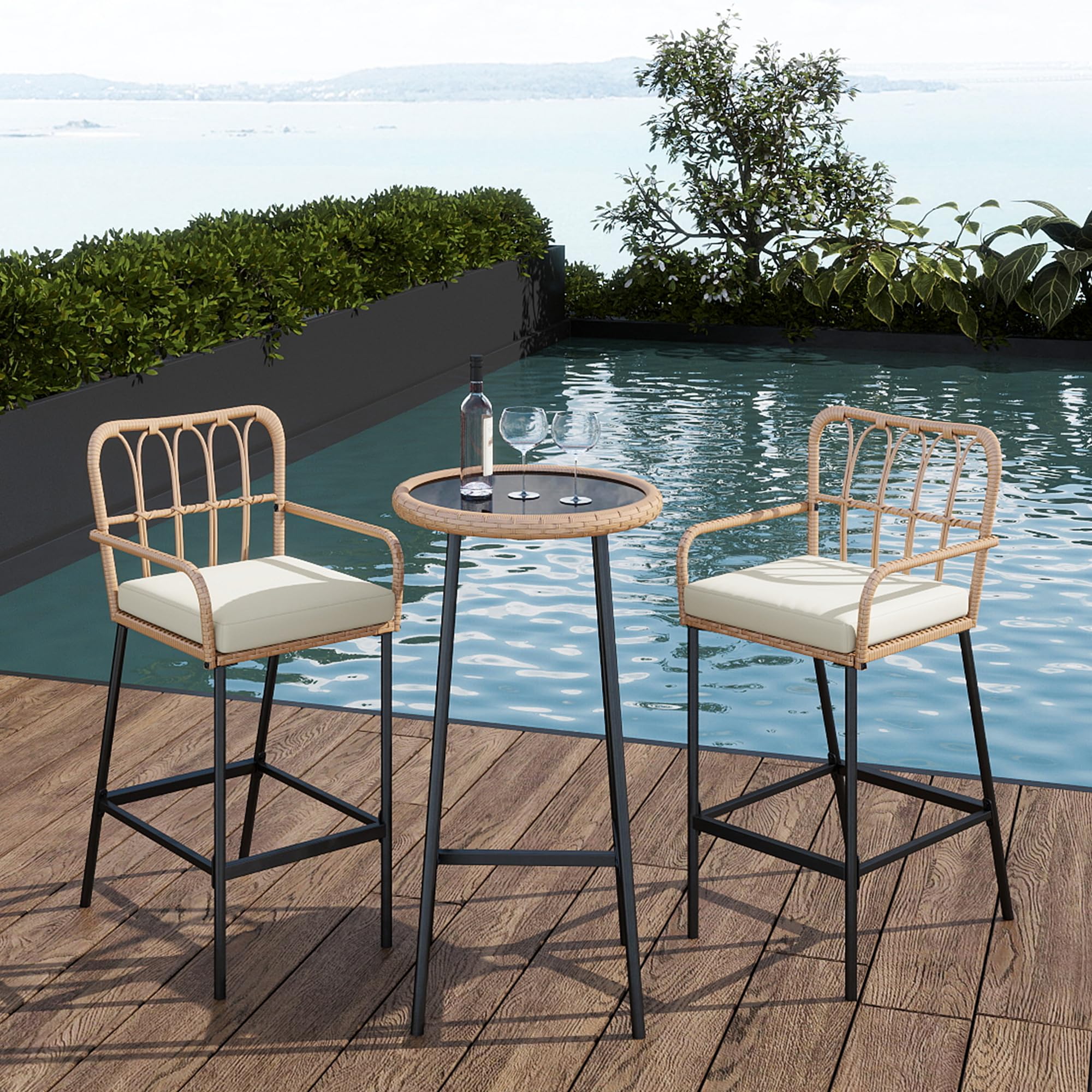 3-Piece Outdoor Wicker Bar Set with Glass Table