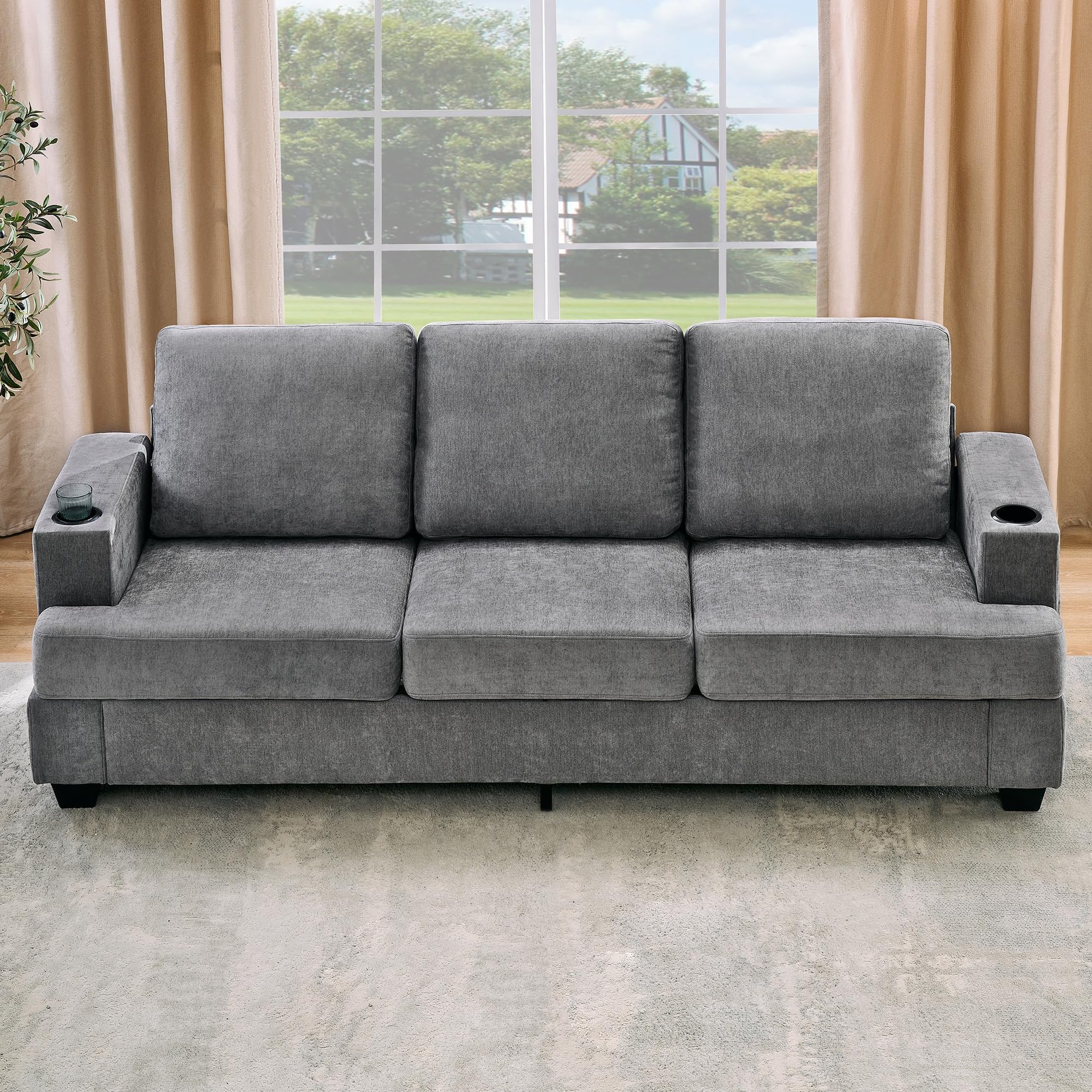 Modern 89" 3-Seater Chenille Sofa with Cup Holders
