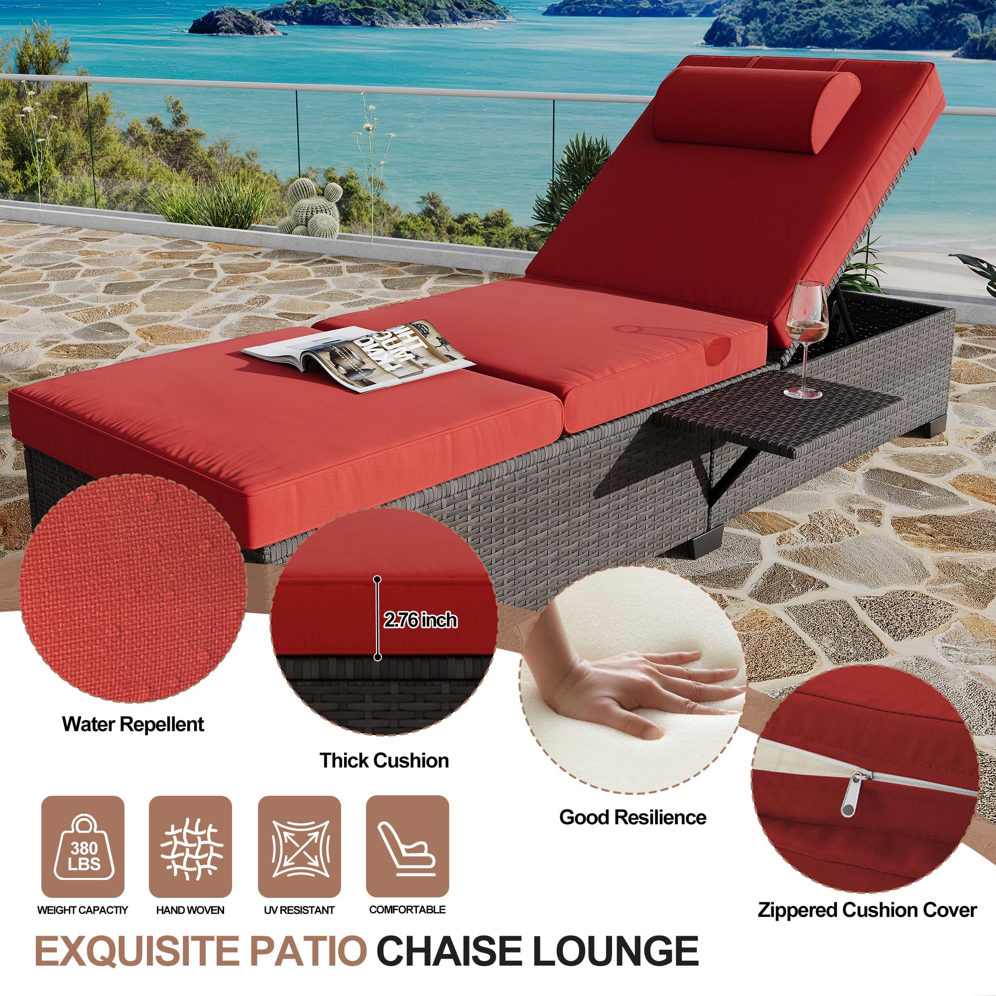 Outdoor PE Wicker Chaise Lounge Chairs Set of 2 with Adjustable Backrest
