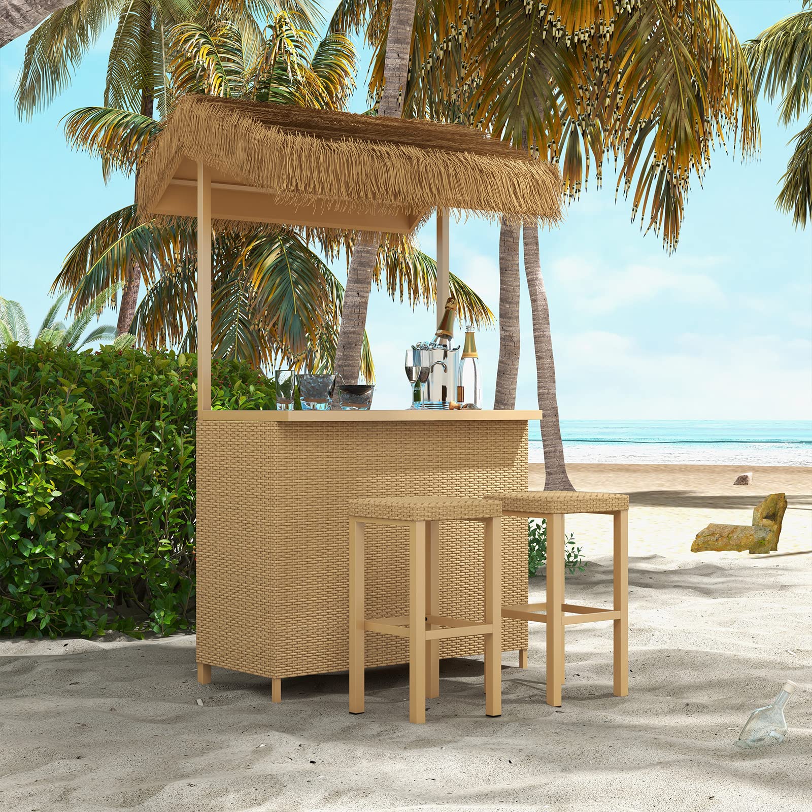 Outdoor Tiki Bar Set with 2 Stools