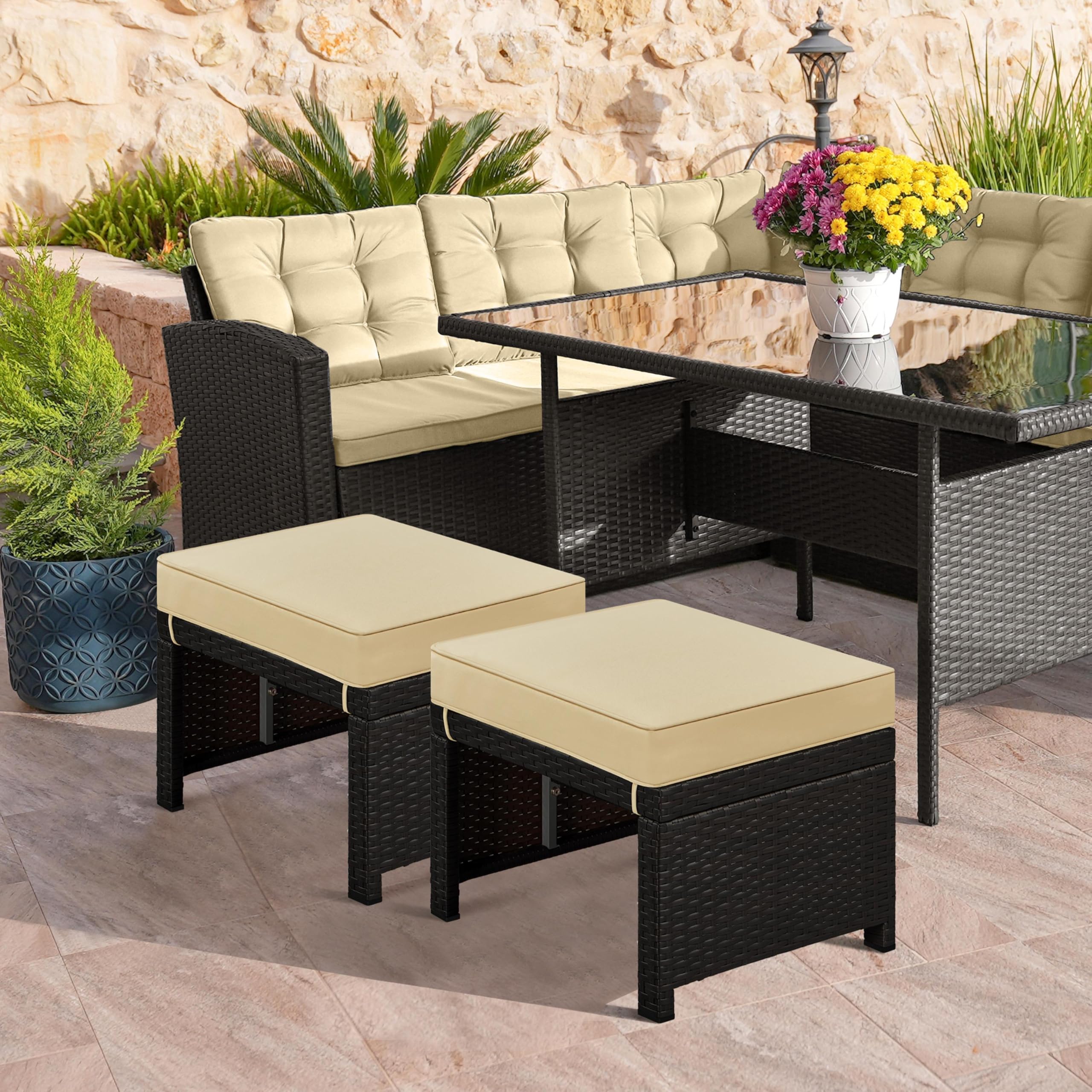 Wicker Ottoman Set of 2 with Removable Cushions
