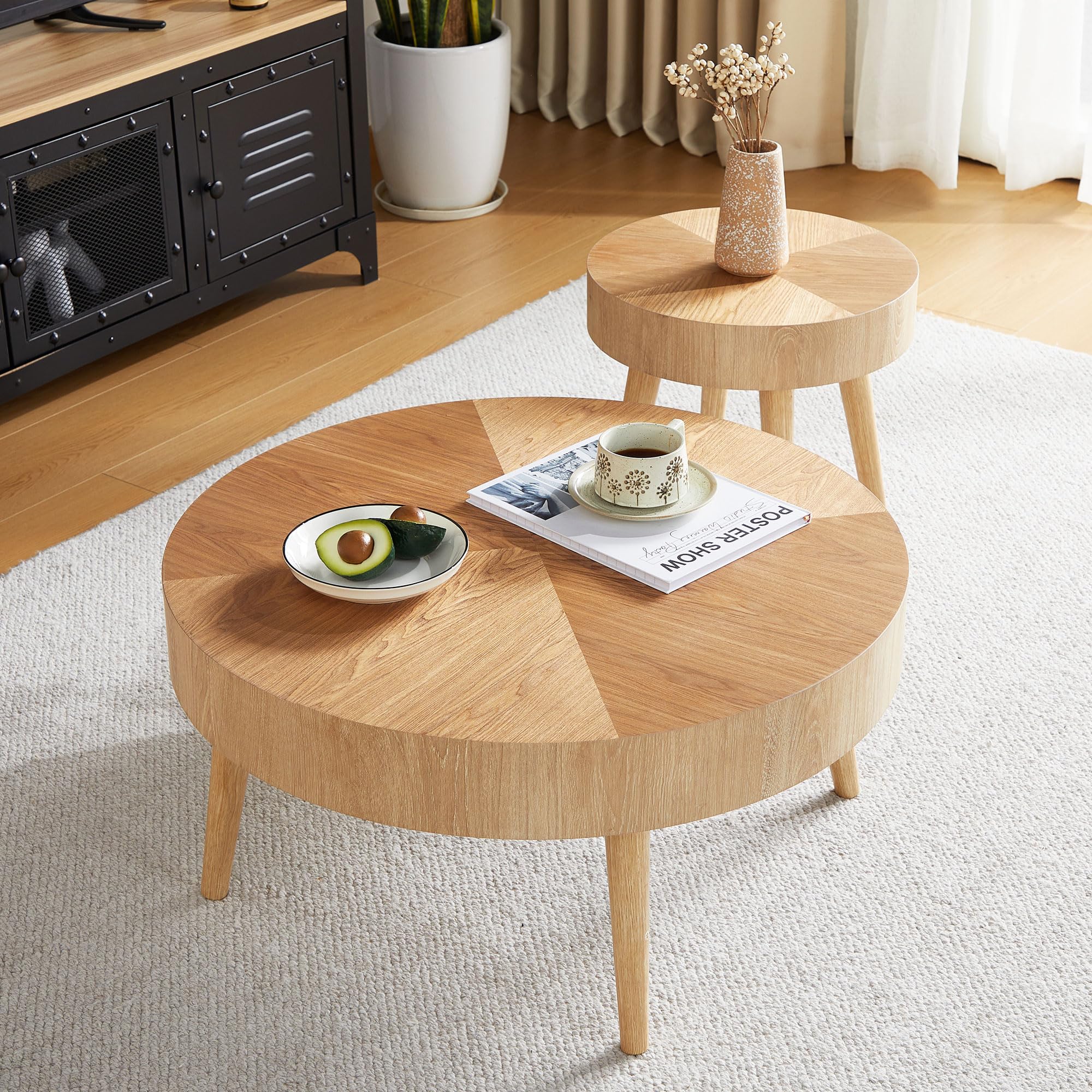 2-Piece Round Wood Coffee Table Set