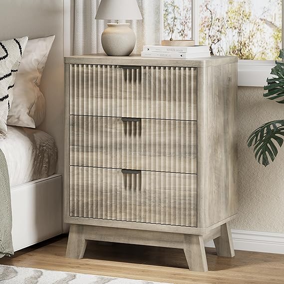 3-Drawer Fluted Nightstand with Metal Handle