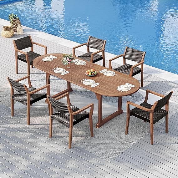 9-Piece Expandable Patio Dining Set with Acacia Wood Table and Rattan Chairs