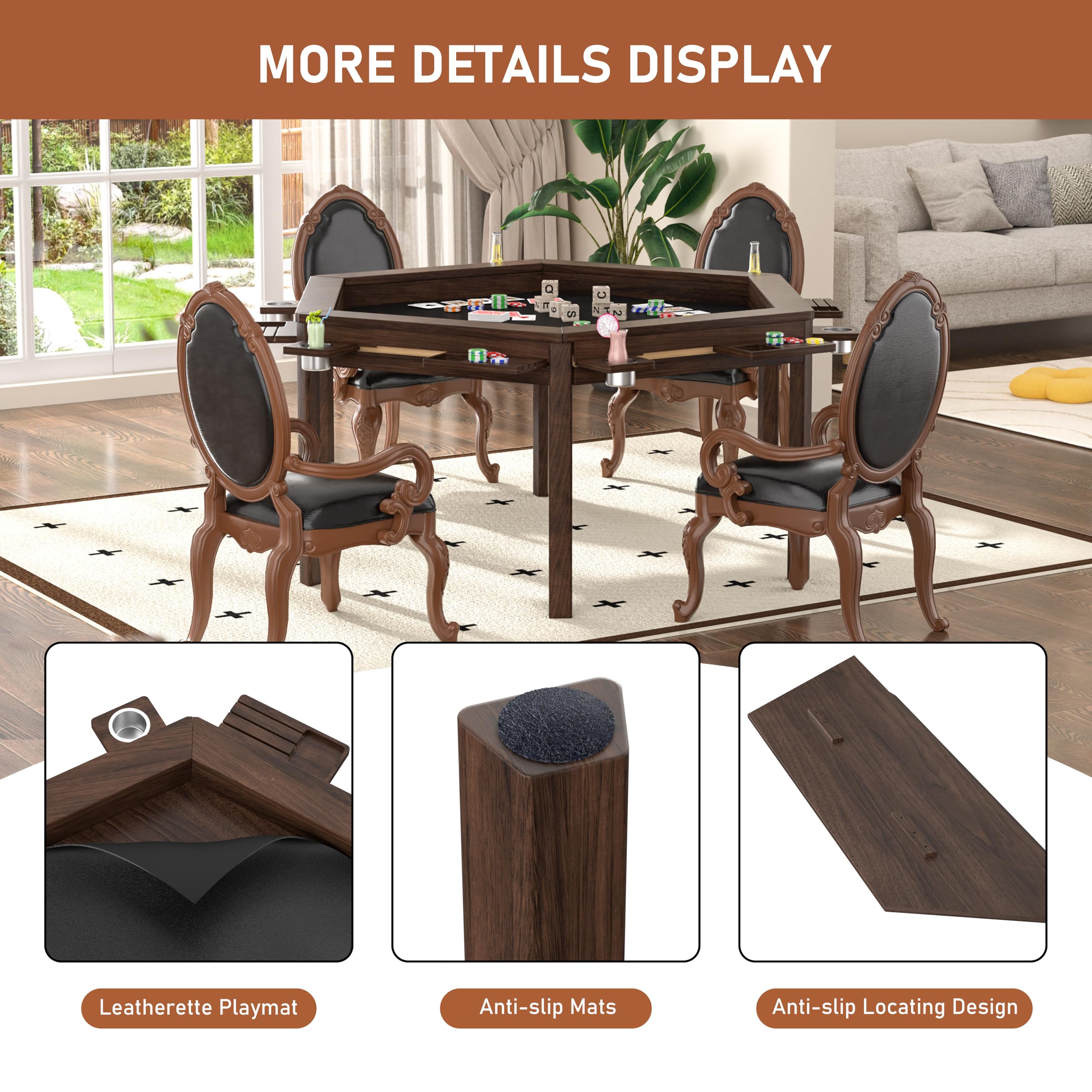 Hexagonal Solid Wood Board Game Table with Removable Top for 6 Players