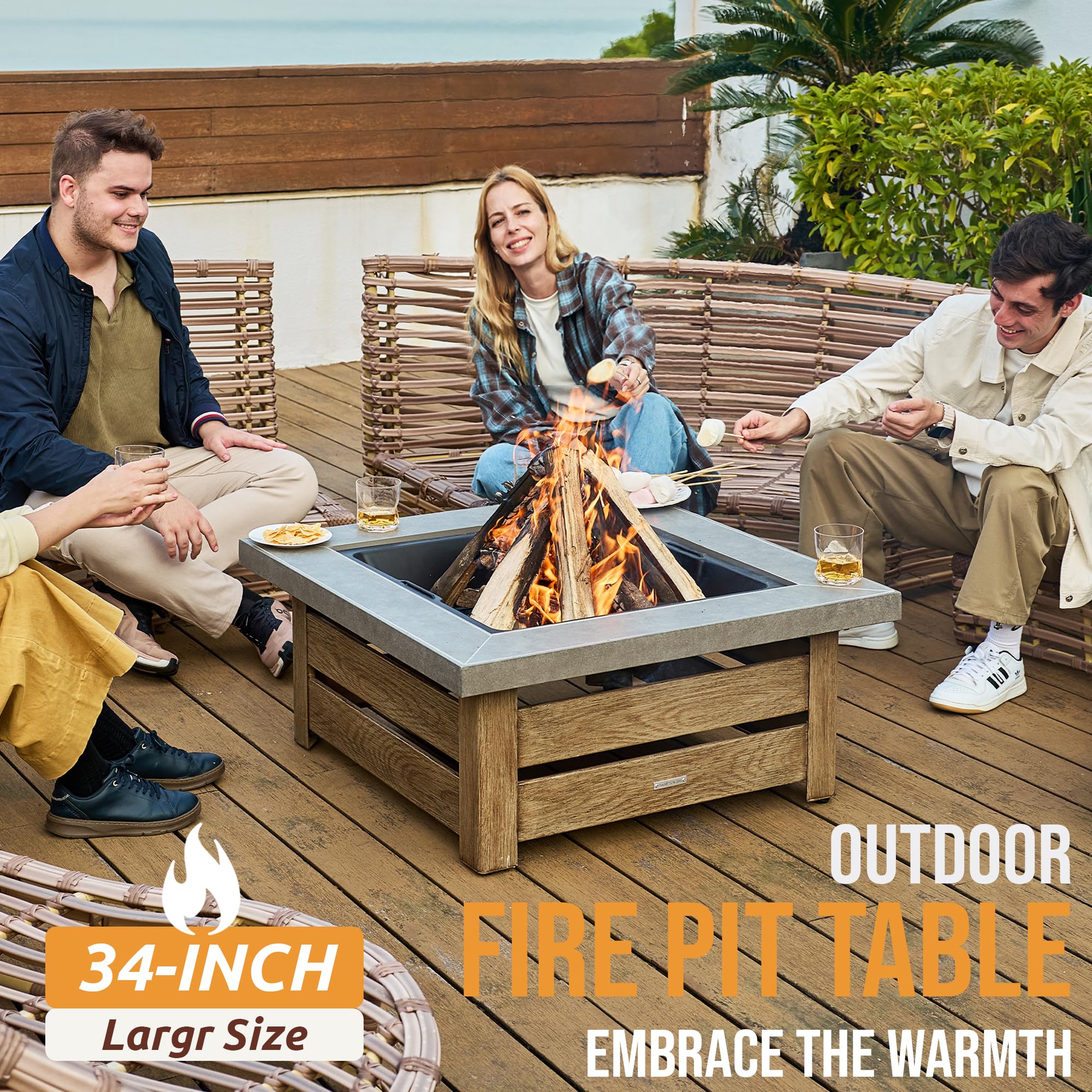Square Wood Burning Fire Pit with Wood-Grain Panels