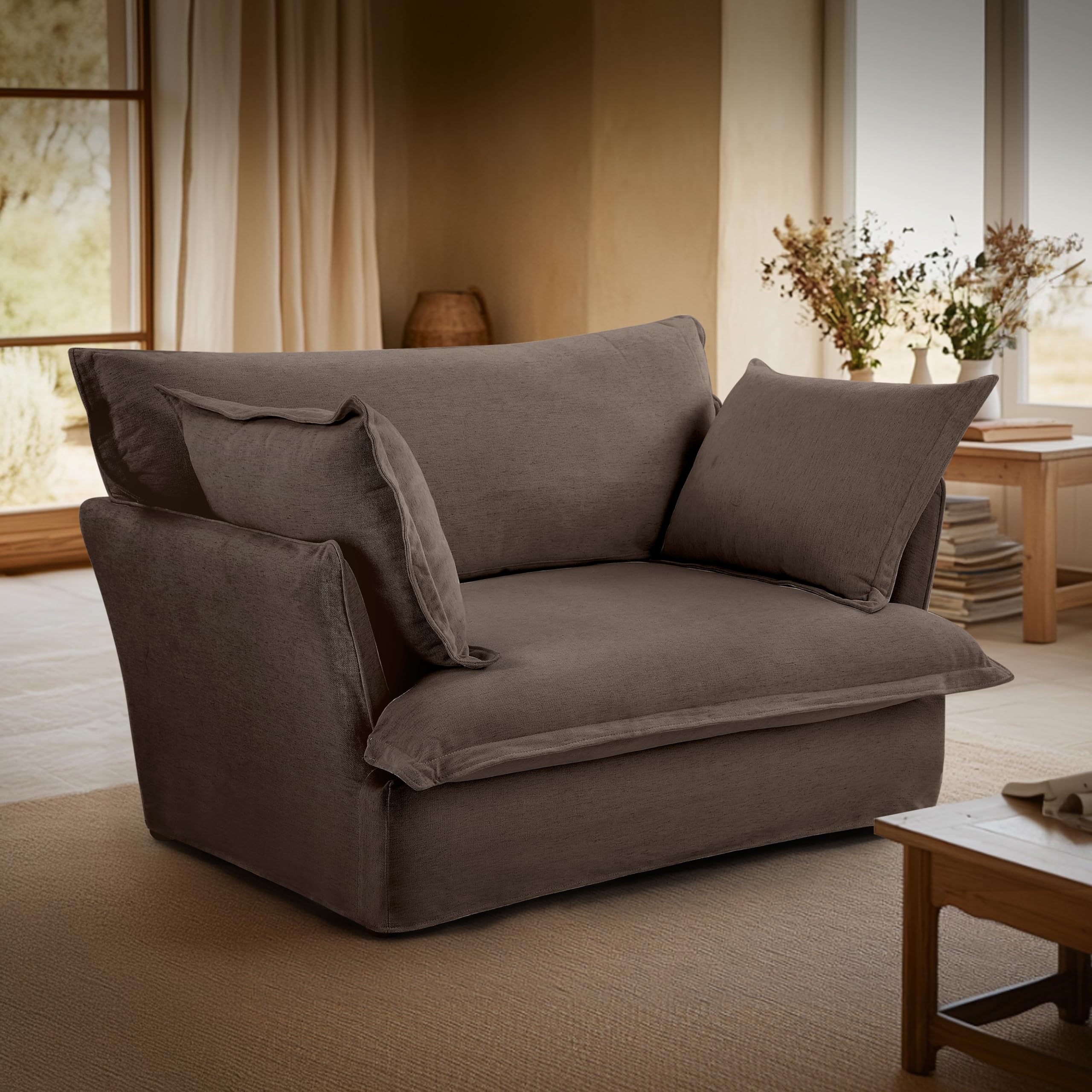 Oversized Accent Chair with Deep Seat and Washable Linen Fabric