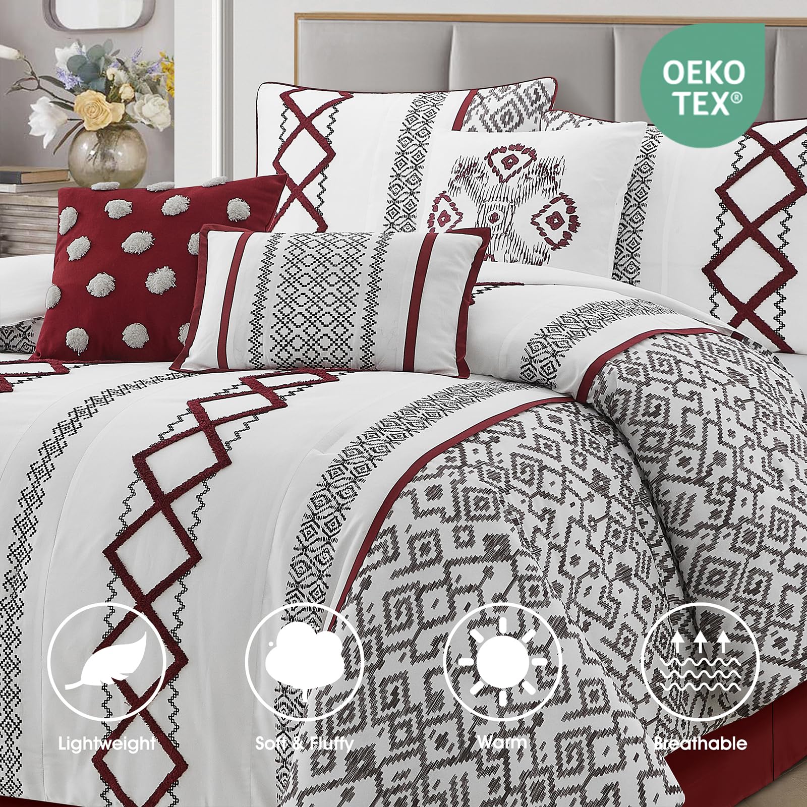 King Comforter Set 7 Pieces White Red Geometric Embroidered