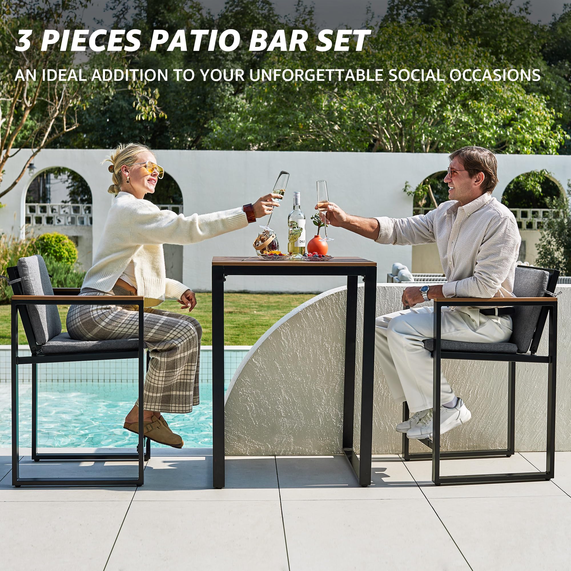 3-Piece Outdoor Bar Table and Chairs Set with Removable Cushions