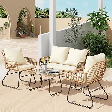4-Piece Outdoor Patio Furniture Set with Cushions and Tempered Glass Table