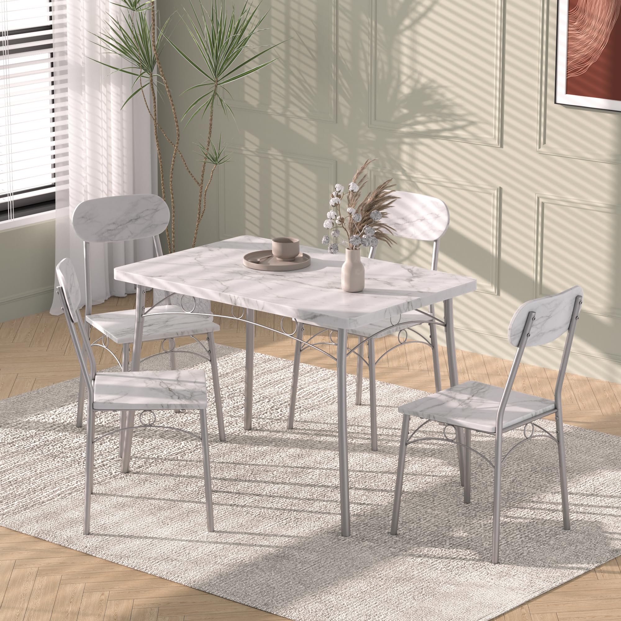 5-Piece Dining Table Set for 4 with Wooden Chairs