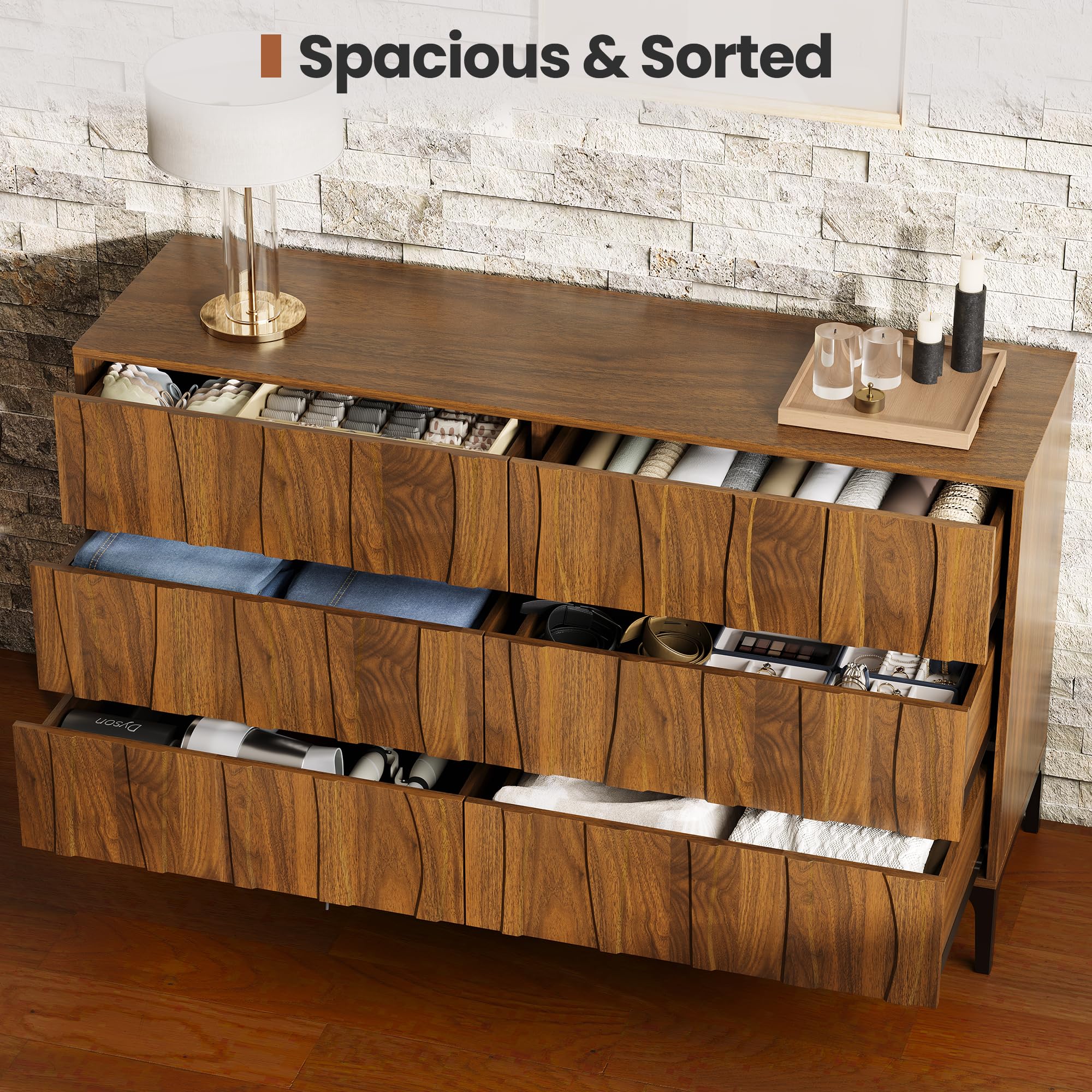 6-Drawer Dresser 54" Walnut Finish Wave Front with Push-to-Open