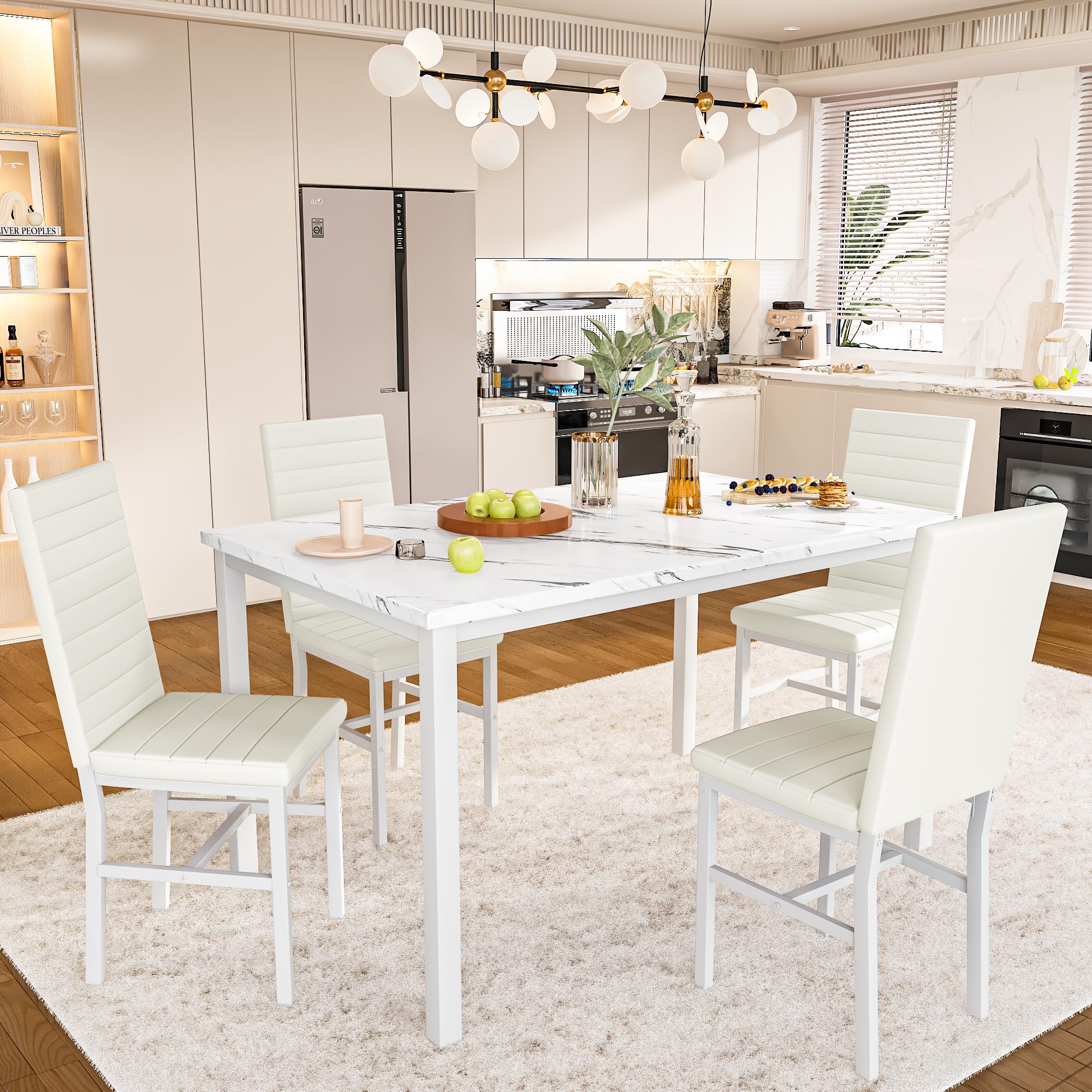 5-Piece Faux Marble Dining Table Set with 4 Upholstered Chairs